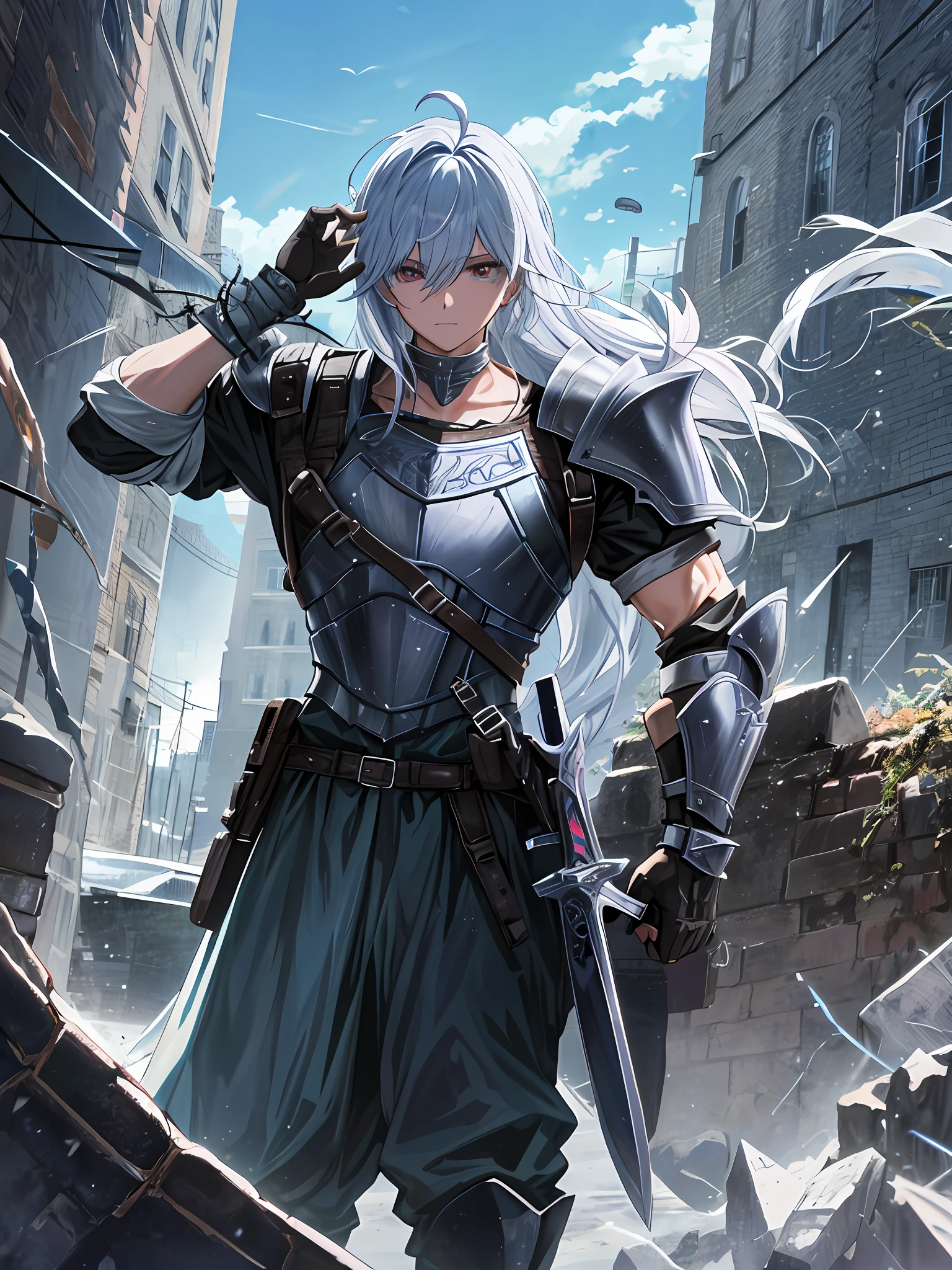 Turn this item into a character RPG cell phone film parabolic antenna half brick and half left barbed wire pet bottle 2 liters whole brick and shard of glass he wears an armor and uses a sword that the blade is toothed of barbed wire