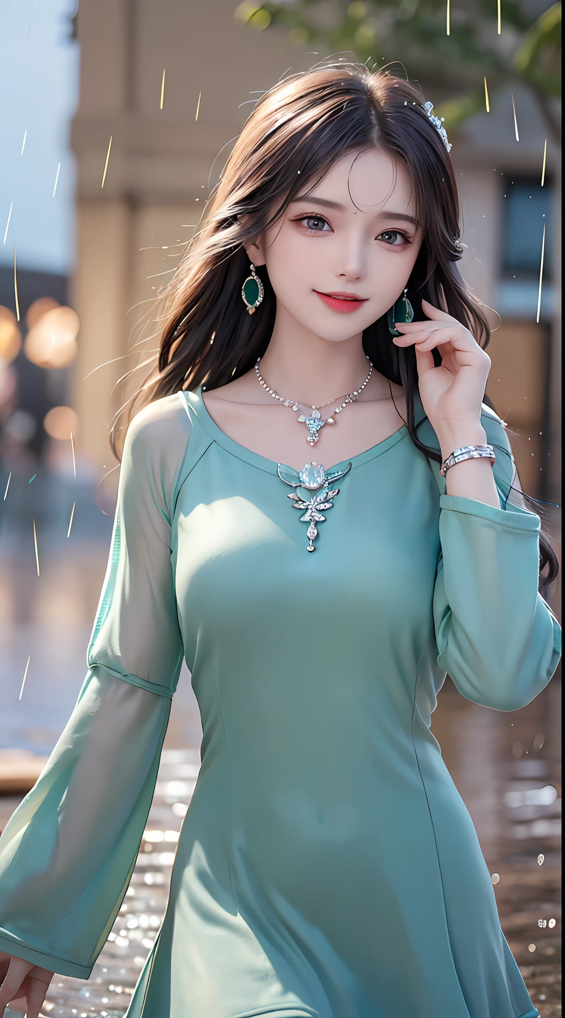((Best Quality, 8k, Masterpiece: 1.3)), Focus: 1.2, Perfect Body Beauty: 1.4, Buttocks: 1.2, ((Layered Haircut, ), (Rain, Street:1.3), Highly detailed face and skin texture, Fine eyes, Double eyelids, Whitened skin, Long hair, smile, laugh, emerald, necklace, bracelet, earrings