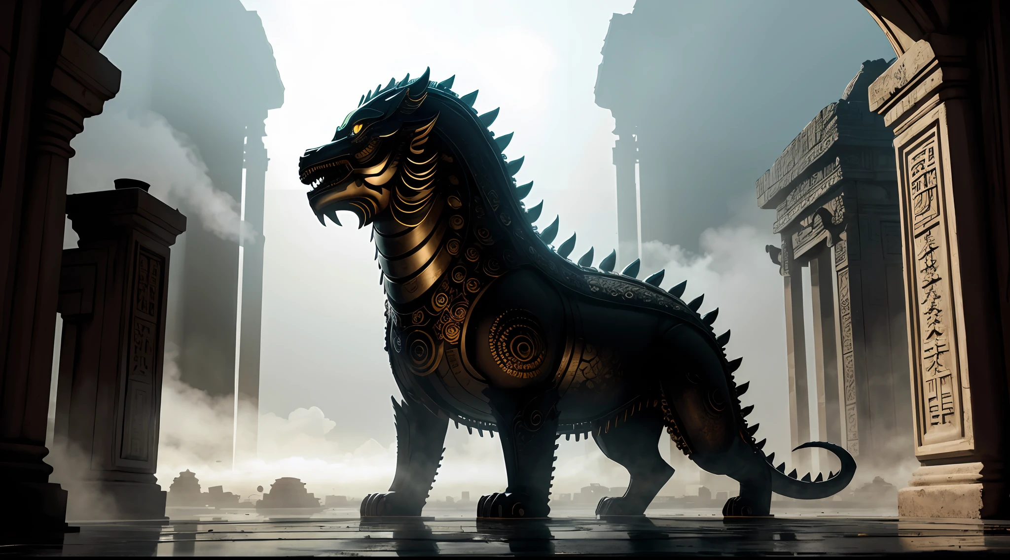 absurd, realistic lighting, (abyss) masterpiece, high quality, beautiful graphics, high detail, dressed woman, extremely refined and beautiful, amazing, fine detail, masterpiece, hyper-detail, high resolution, (best illustration), (best shadow), intricate, ancient landscape, thousand hands bodhisattva, temple, (mysterious black fog), journey to the west, ((corpse), ((ancient monster)), (ruins), (battlefield), (blood stain), glazed tiles, Buddha statue, lantern,