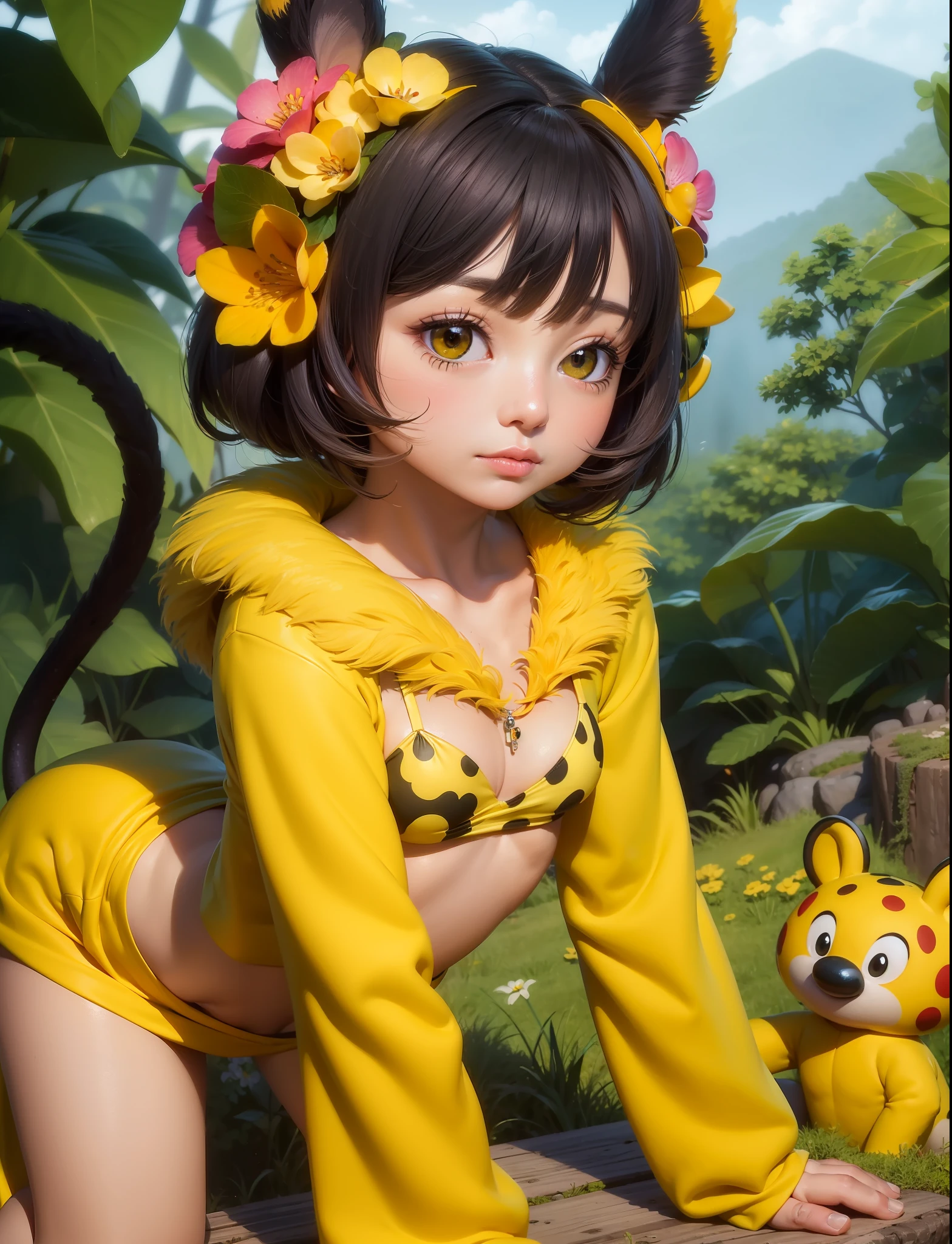 ((best quality)), ((masterpiece)), (detailed),(high-resolution:1.2), jungle background
Marsupilamie,1girl, adult woman wearing yellow fur, black dot, long tail, flower on the top of the head