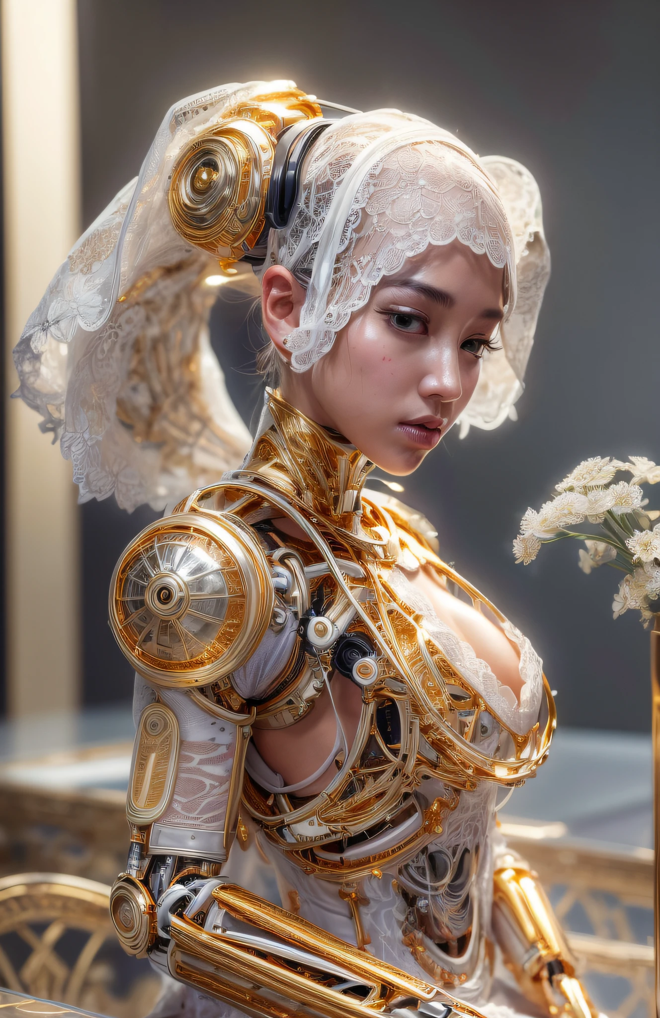 photorealistic, a woman in a white (lace, gold cyborg suit:1.55) (sitting on top of a table:1.4) (turned towards the viewer:1.2), (crossed legs:1.4), gold long hair, cyborg, robotic parts, beautiful detailed body and face, (looking left side:1.3), sakimichan hdri, amouranth, a beautiful detailed orixa, 2049, chiaki nanami, afro futuristic, made in maya, sam yang, 2070, cyborg, robotic parts, 150 mm, beautiful studio soft light, rim light, vibrant details, luxurious cyberpunk, lace, hyperrealistic, anatomical, facial muscles, cable electric wires, microchip, elegant, beautiful background, octane render, 8k, best quality, masterpiece, illustration, an extremely delicate and beautiful, extremely detailed ,CG ,unity ,wallpaper, (realistic, photo-realistic:1.37), Amazing, finely detail, masterpiece, best quality, official art, extremely detailed CG unity 8k wallpaper, absurdres, incredibly absurdres, robot, silver halmet, full body, sitting, (sfw:1.2),
