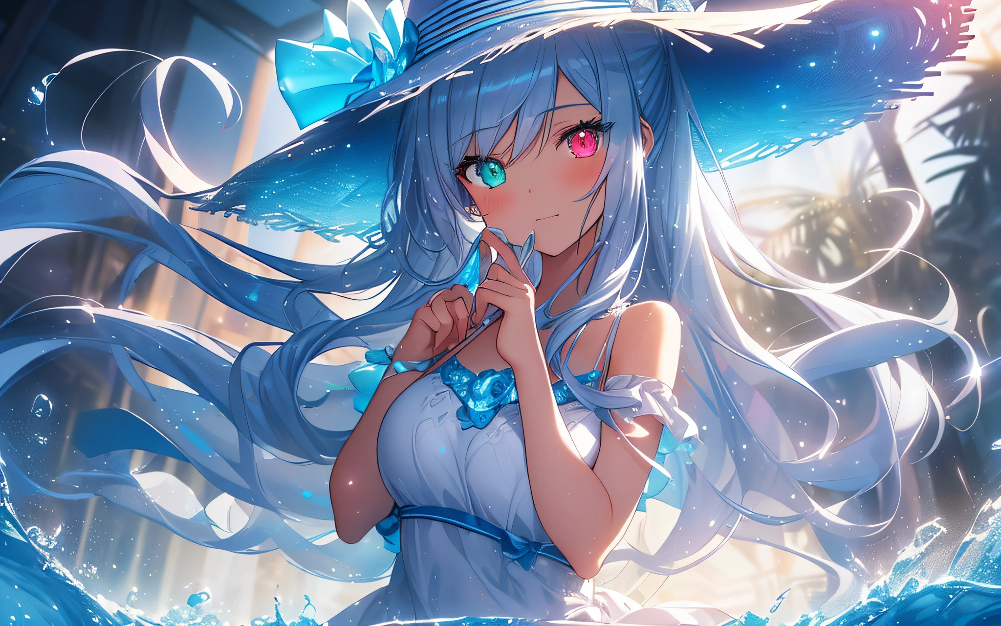 (Masterpiece:1.2), Top Quality, (Illustration:1.2),(Expertly crafted glow and lens flare), (Ultra detail), Hyper detail, (Delicate detail), (Cinematic light, Top quality backlight), Clear lines, Solo woman, Solo woman, Perfect body, (1 girl), (Bioluminescent hair:1.2), (Glowing eyes), ( Dynamic:1.2, ((Make up)), High contrast, (best lighting, very delicate and beautiful), ((Cinematic light)), Colorful, Powerful, (Cinematic masterpiece), Stick figure, splashes of color, absolutely eye-catching, ((splashes of colorful paint on the background, Durax,)), (Caustic)), Dynamic angle, Beautiful detailed smoke, (captivating), (intricately detailed movie background: 1.1), ambient occlusion, ambient light, ray-traced reflections, sparkle, glowing aura, sparkling hair, bluish-silver ponytail, (drooping heterochromia iris: 1.3), 15 years old, gentle smiling girl, shy girl, slender, game CG, cowboy shot, deep shadows, sea, sand, swimsuit, straw hat, wind, blue sky, wet