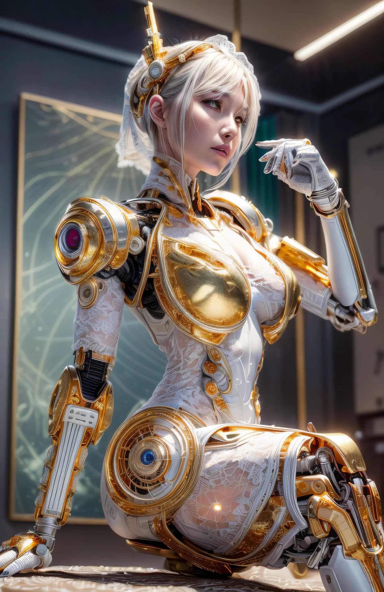 photorealistic, a woman in a white (lace, gold cyborg suit:1.55) (sitting on top of a table:1.4) (turned towards the viewer:1.2), (crossed legs:1.4), gold long hair, cyborg, robotic parts, beautiful detailed body and face, (looking left side:1.3), sakimichan hdri, amouranth, a beautiful detailed orixa, 2049, chiaki nanami, afro futuristic, made in maya, sam yang, 2070, cyborg, robotic parts, 150 mm, beautiful studio soft light, rim light, vibrant details, luxurious cyberpunk, lace, hyperrealistic, anatomical, facial muscles, cable electric wires, microchip, elegant, beautiful background, octane render, 8k, best quality, masterpiece, illustration, an extremely delicate and beautiful, extremely detailed ,CG ,unity ,wallpaper, (realistic, photo-realistic:1.37), Amazing, finely detail, masterpiece, best quality, official art, extremely detailed CG unity 8k wallpaper, absurdres, incredibly absurdres, robot, silver halmet, full body, sitting, (sfw:1.2),