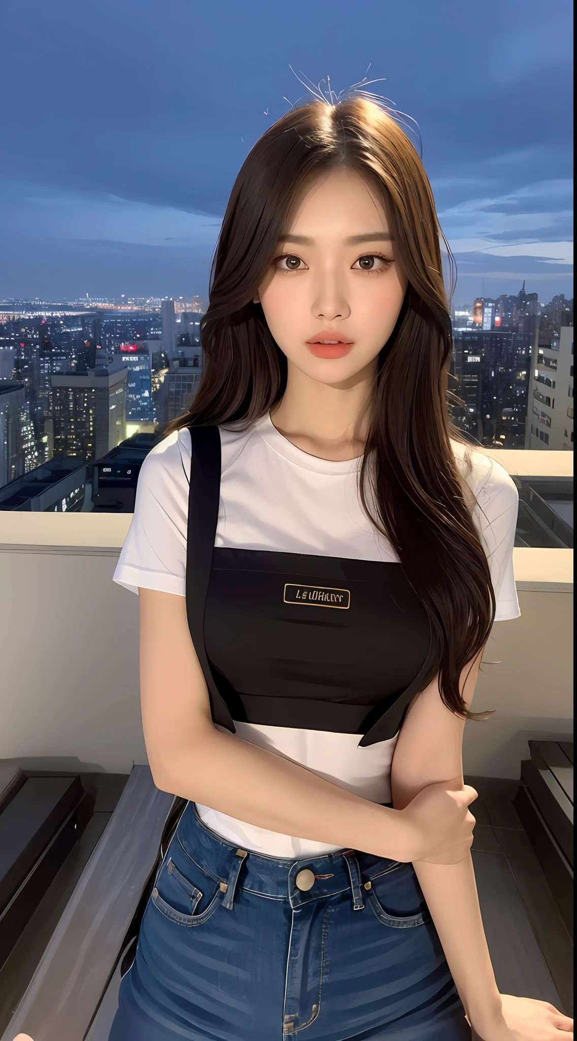 ((Midnight, Best quality, 8k, Masterpiece :1.3)), Whole body, Long legs, Sharp focus :1.2, A pretty woman with perfect figure :1.4, Slender abs :1.1, ((Dark brown hair, Big breasts :1.2)), (White tight tshirt, Jean bib, Standing:1.2), ((Night city view, Rooftop:1.3)), Highly detailed face and skin texture, Detailed eyes, Double eyelid