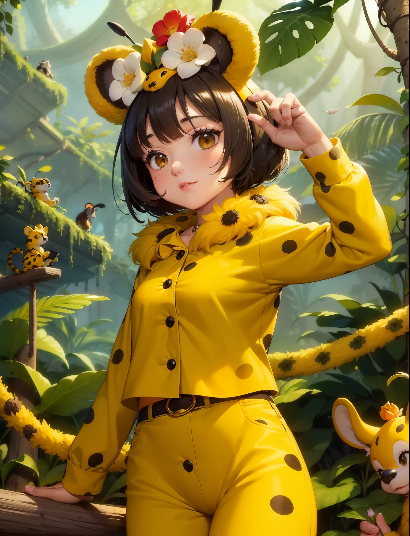 ((best quality)), ((masterpiece)), (detailed),(high-resolution:1.2), jungle background
Marsupilamie,1girl, adult woman wearing yellow fur, black dot, long tail, flower on the top of the head