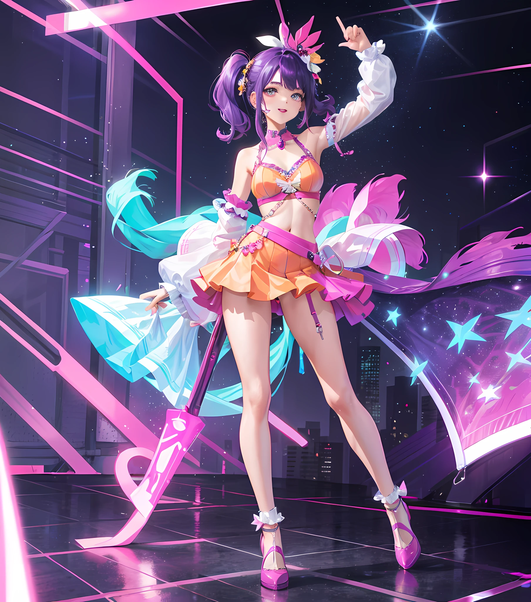 1girl, dreamy, fantastic, neon purple, party orange, fruity pink, WHITE, fullbody design, fashion