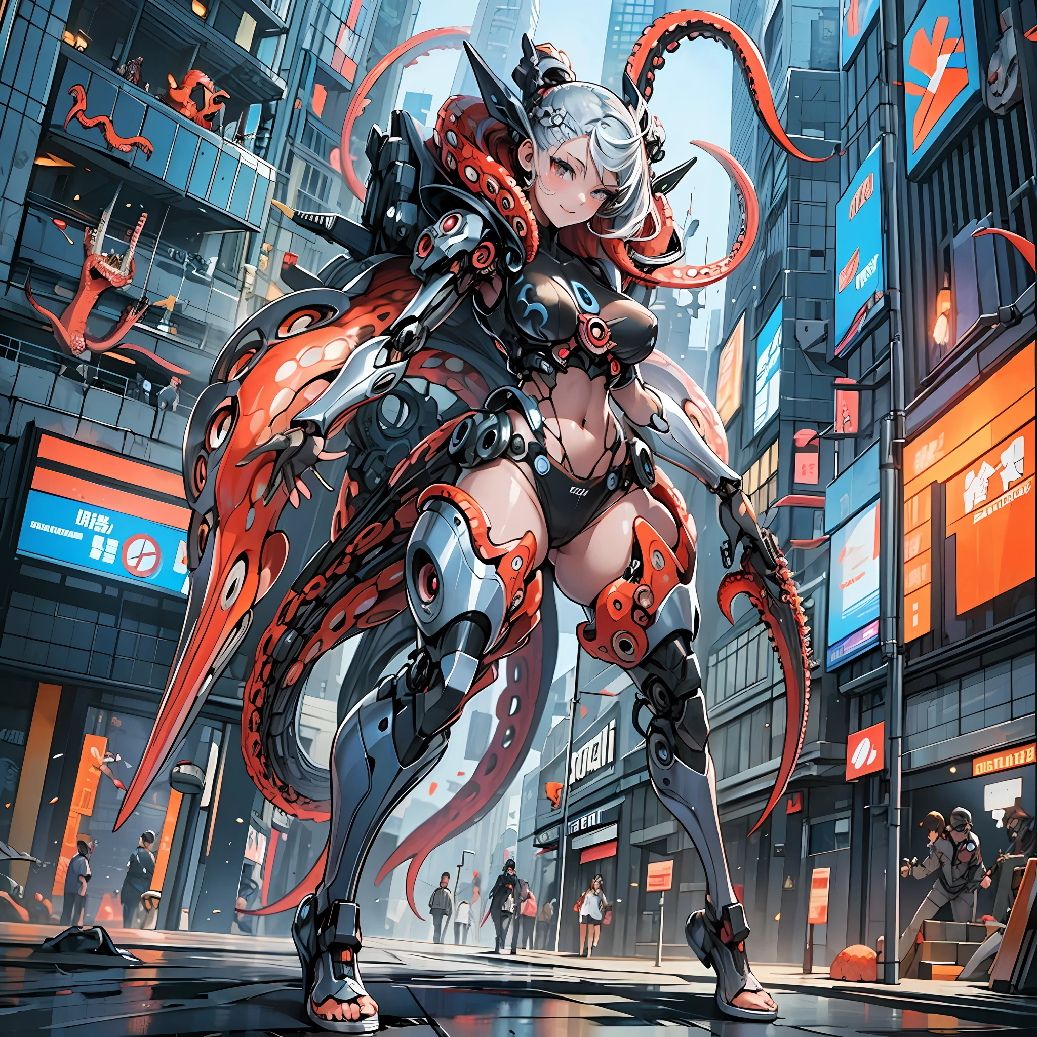 Woman in Mimic Octopus color costume, best anime 4K wallpaper, full body, cyberpunk octopus, mechanized valkyrie girl, biomechanical, highly detailed artgerm based on octopus, cyborg octopus, anime style 4k, octopus
