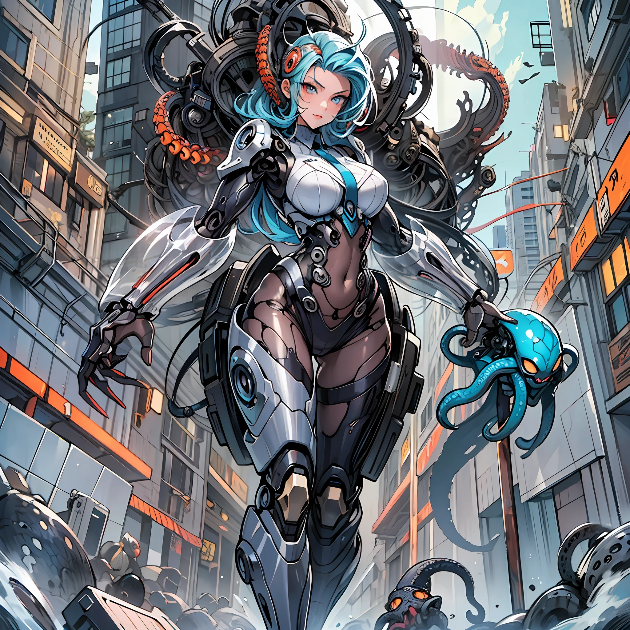 Woman in Mimic Octopus color costume, best anime 4K wallpaper, full body, cyberpunk octopus, mechanized valkyrie girl, biomechanical, highly detailed artgerm based on octopus, cyborg octopus, anime style 4k, octopus