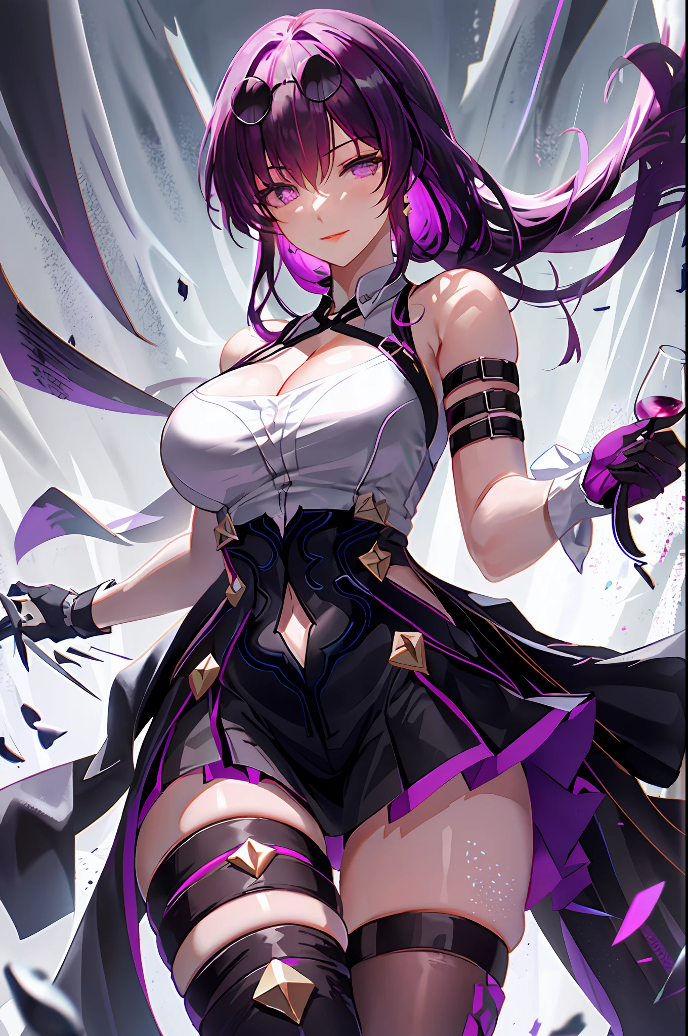 Kafka, honkai star rail, 1girl, alcohol, alternate costume, armlet, bare shoulders, black background, black dress, black gloves, black thighhighs, large breasts, cleavage, criss-cross halter, cup, dress, drinking glass, flower, gloves, gradient background, hair between eyes, sunglass on head, halterneck, holding, holding cup, large breasts, long hair, looking at viewer, purple hair, purple short nails, purple eyes, see-through gloves, solo, thighhighs, thighs, long hair, wine, wine glass, ((masterpiece)) pleated purple skirt, sitting,