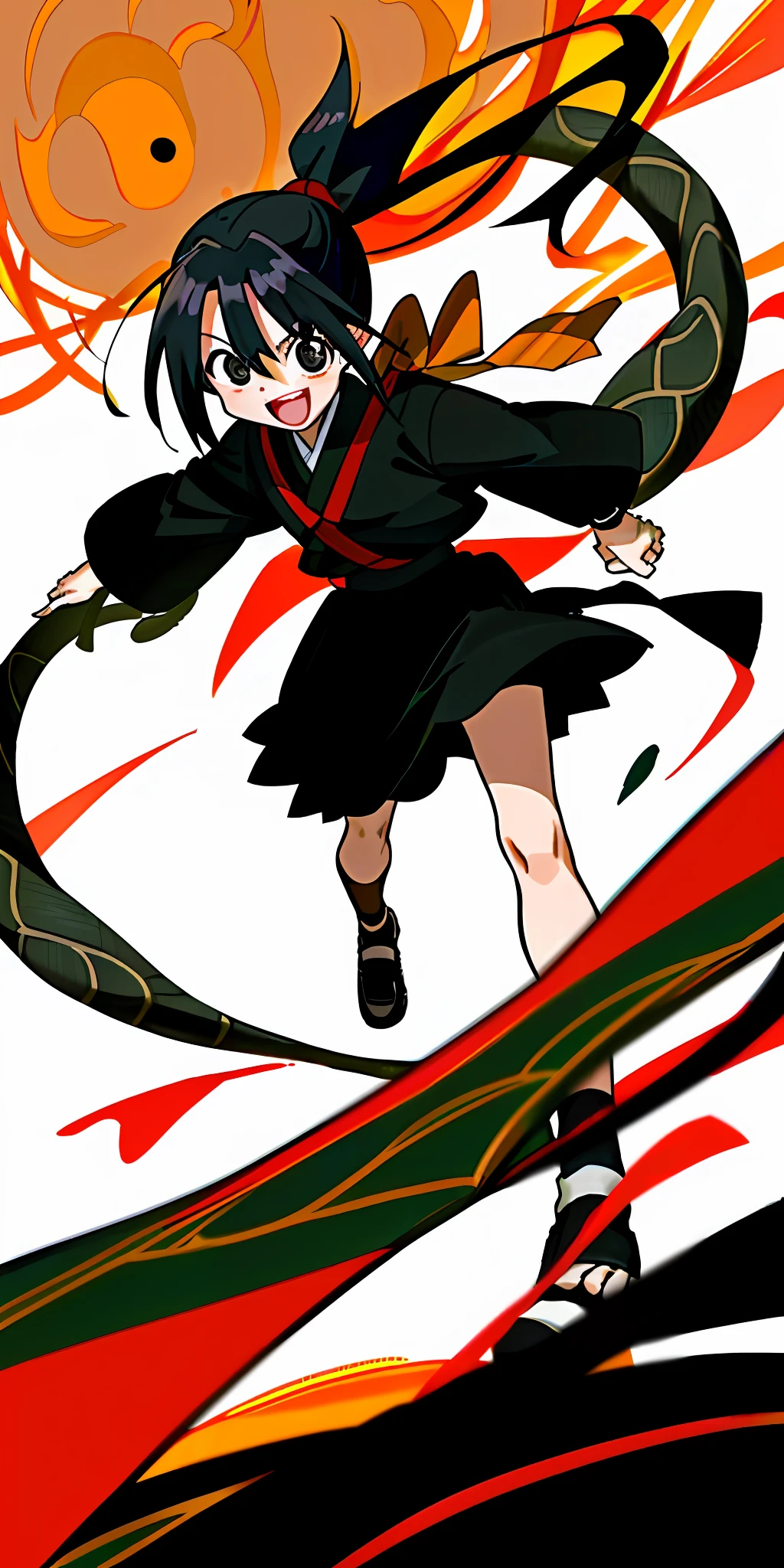 (傑作、最高品質)、Top Quality, Masterpiece, Kiri Light Mash, Solo, One Girl, Black Eyes, :d, Fat, Black Clothing, (Chibi:0.6), Bright Black Hair, Ponytail,Cute, White Snake, Hiroyuki Takei, Shaman King
