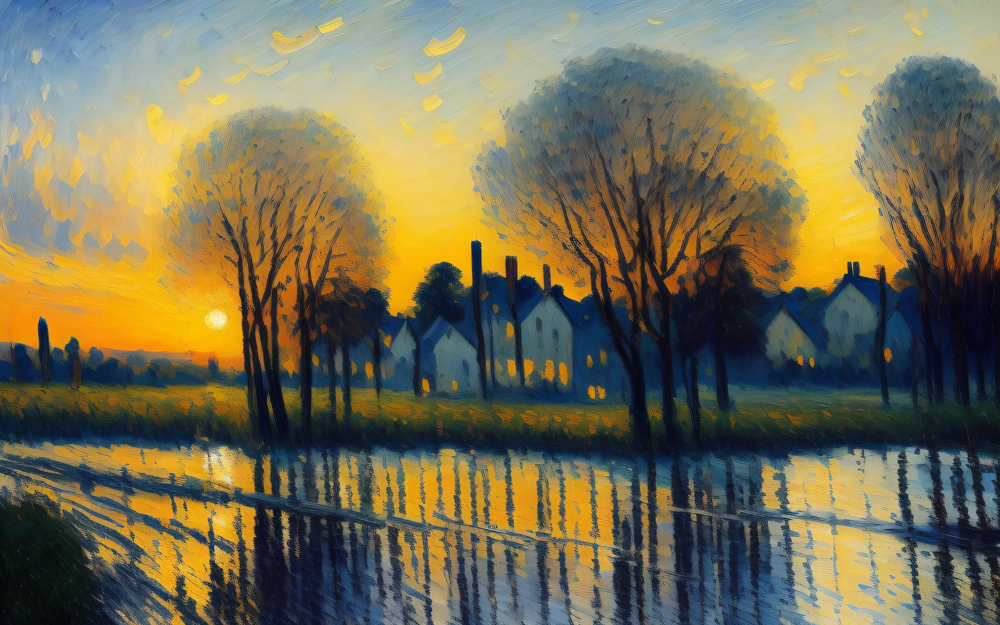 painting of a dramatic landscape, art by Pissarro, (large brush strokes:1.6), acrylic, inspired by the painting 'Sunset 1872' by Camille Pissarro, artstation hd, painting masterpiece, featured on unsplash, [monochromatic]