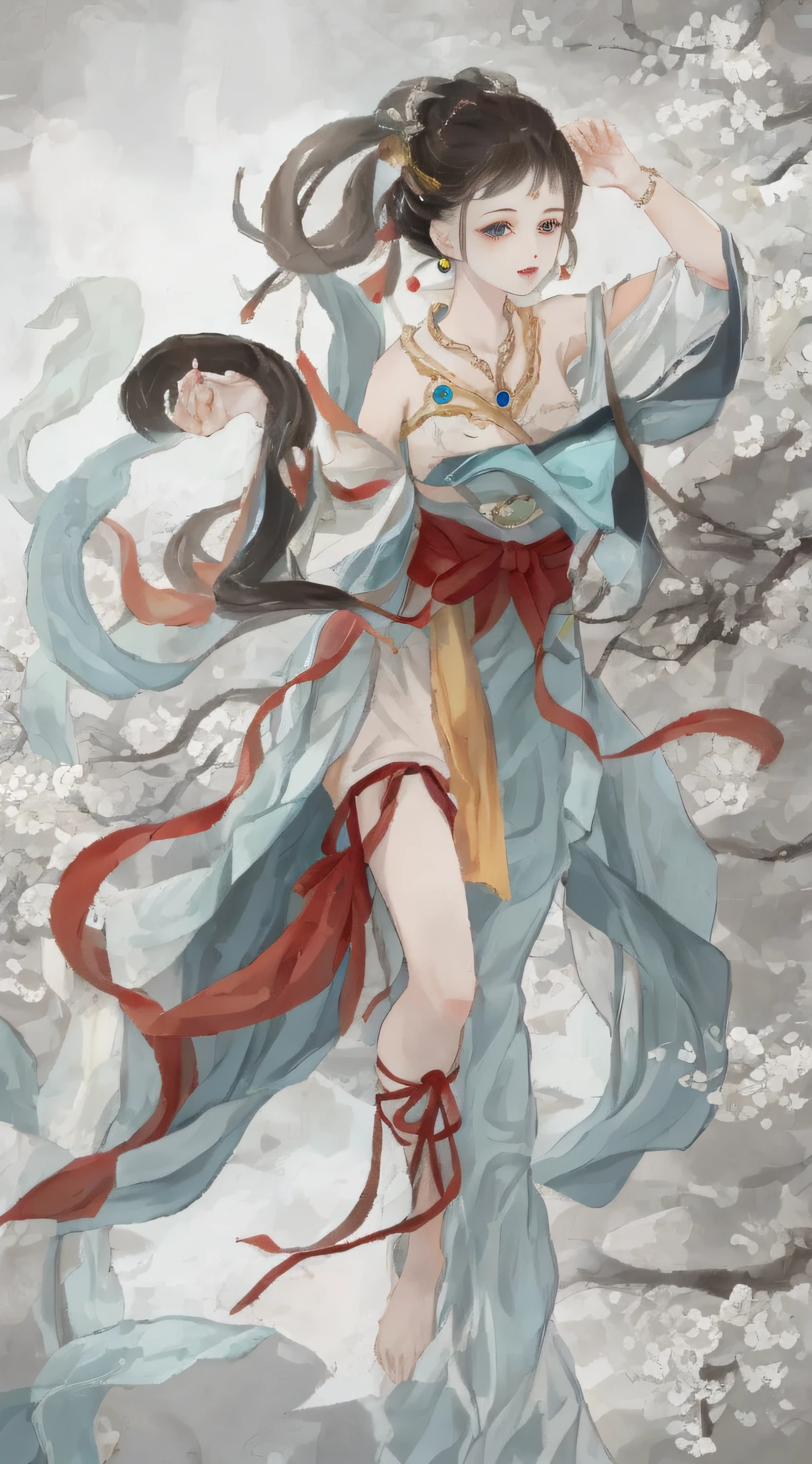 An ancient Chinese beauty sitting on a stone, wearing ancient Chinese clothing, flowing tulle, light silk, lazy posture, large lotus leaf, lotus, ink painting style, clean color, decisive cutting, blank, freehand, masterpiece, super detailed, epic composition, high quality, the highest quality, 4k --v 6