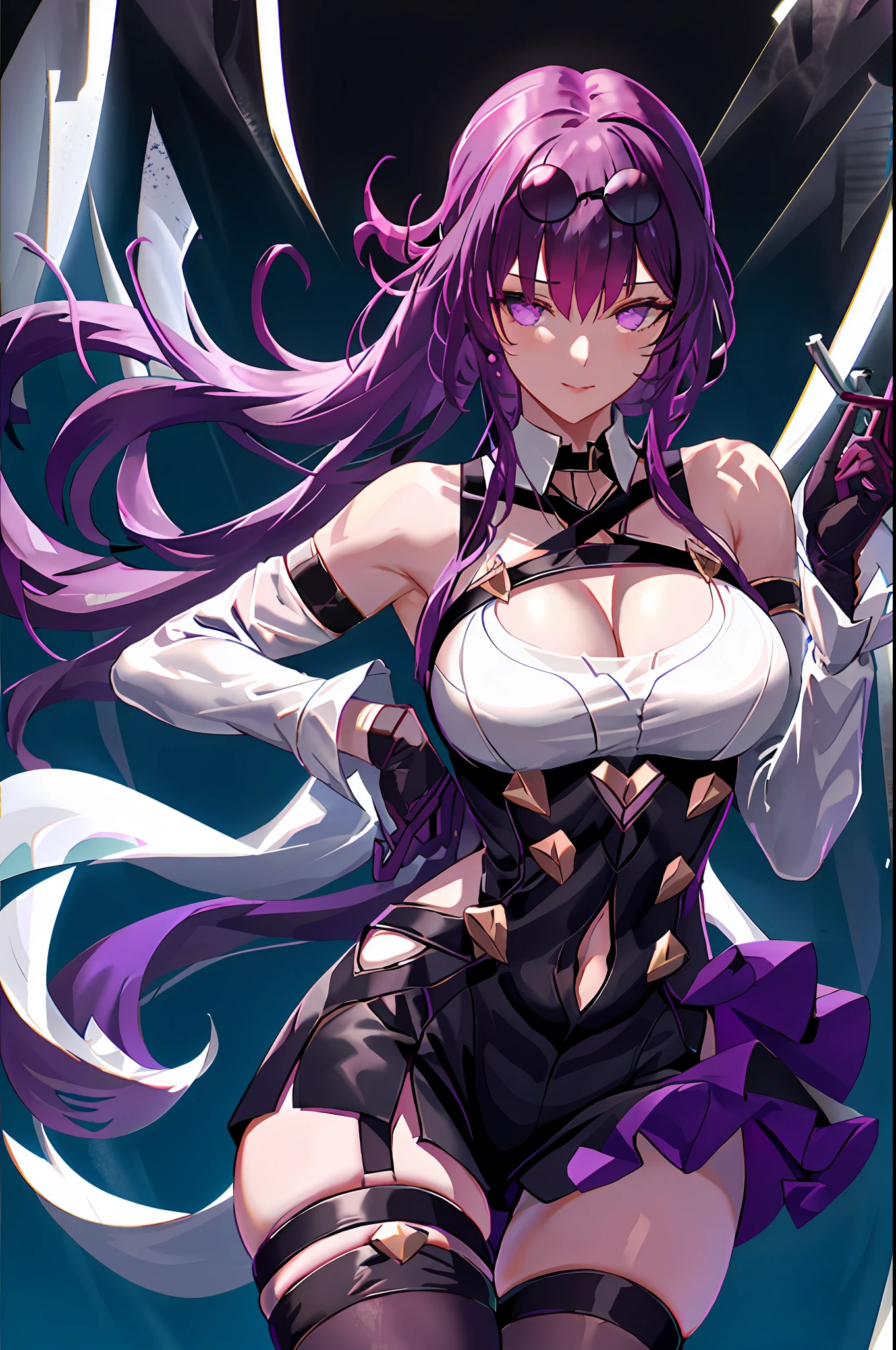 Kafka, honkai star rail, 1girl, alcohol, alternate costume, armlet, bare shoulders, black background, black dress, black gloves, black thighhighs, large breasts, cleavage, criss-cross halter, cup, dress, drinking glass, flower, gloves, gradient background, hair between eyes, sunglass on head, halterneck, holding, holding cup, large breasts, long hair, looking at viewer, purple hair, purple short nails, purple eyes, see-through gloves, solo, thighhighs, thighs, long hair, wine, wine glass, ((masterpiece)) pleated purple skirt, sitting,