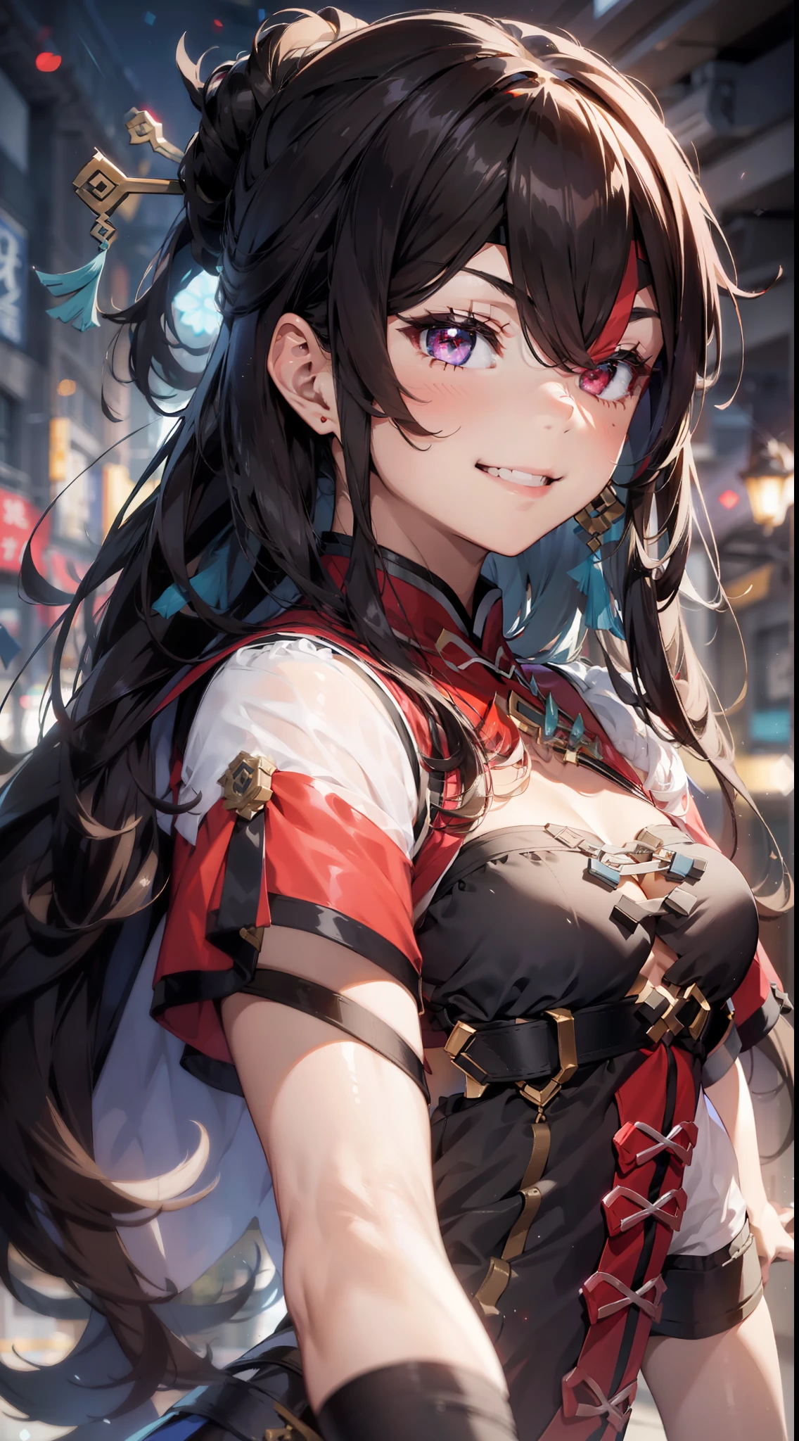 1girl, (solo:1.2), ((masterpiece)), [slim], (small chest), ((detailed eyes)), (bokeh effect), dynamic pose, medium shot, beidoudef, (red eyepatch), long hair, dark hair, red and black dress, smiling, smirking, left bangs, high socks