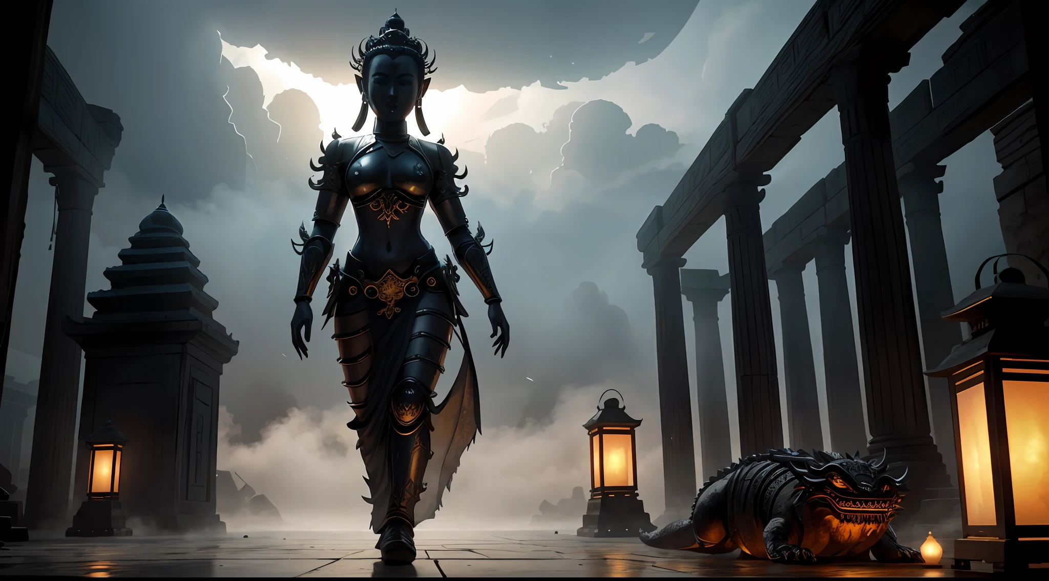 absurd, realistic lighting, (abyss) masterpiece, high quality, beautiful graphics, high detail, dressed woman, extremely refined and beautiful, amazing, fine detail, masterpiece, hyper-detail, high resolution, (best illustration), (best shadow), intricate, ancient landscape, thousand hands bodhisattva, temple, (mysterious black fog), journey to the west, ((corpse), ((ancient monster)), (ruins), (battlefield), (blood stain), glazed tiles, Buddha statue, lantern,