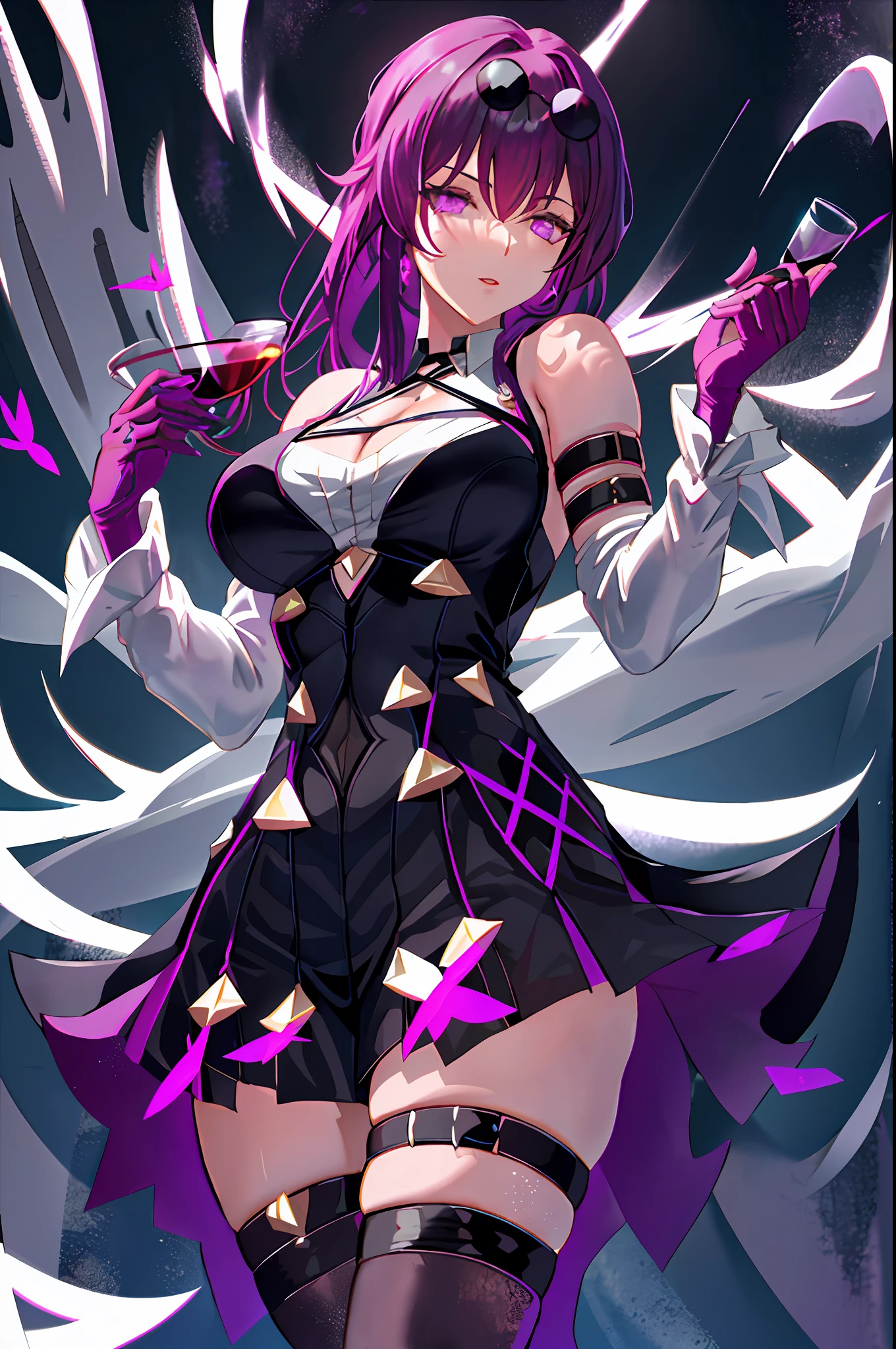 Kafka, honkai star rail, 1girl, alcohol, alternate costume, armlet, bare shoulders, black background, black dress, black gloves, black thighhighs, large breasts, cleavage, criss-cross halter, cup, dress, drinking glass, flower, gloves, gradient background, hair between eyes, sunglass on head, halterneck, holding, holding cup, large breasts, long hair, looking at viewer, purple hair, purple short nails, purple eyes, see-through gloves, solo, thighhighs, thighs, long hair, wine, wine glass, ((masterpiece)) pleated purple skirt, sitting,
