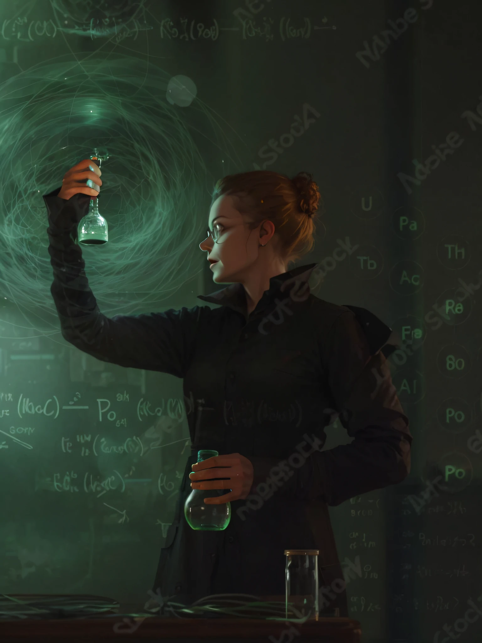 Woman scientist in the lab holding a test tube, darkly lit with a green light over her face