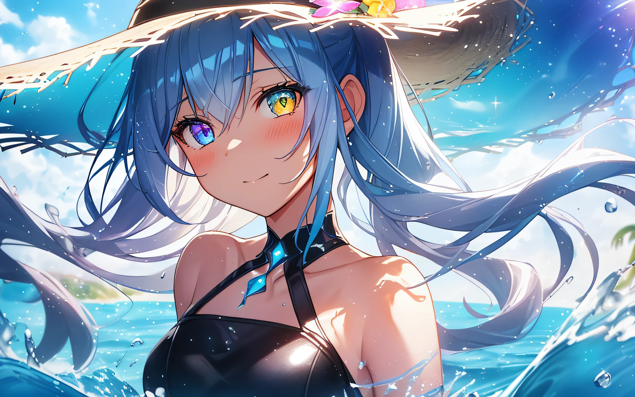 (Masterpiece:1.2), Top Quality, (Illustration:1.2),(Expertly crafted glow and lens flare), (Ultra detail), Hyper detail, (Delicate detail), (Cinematic light, Top quality backlight), Clear lines, Solo woman, Solo woman, Perfect body, (1 girl), (Bioluminescent hair:1.2), (Glowing eyes), ( Dynamic:1.2, ((Make up)), High contrast, (best lighting, very delicate and beautiful), ((Cinematic light)), Colorful, Powerful, (Cinematic masterpiece), Stick figure, splashes of color, absolutely eye-catching, ((splashes of colorful paint on the background, Durax,)), (Caustic)), Dynamic angle, Beautiful detailed smoke, (captivating), (intricately detailed movie background: 1.1), ambient occlusion, ambient light, ray-traced reflections, glow, glowing aura, sparkling hair, bluish silver ponytail, (drooping heterochromia iris: 1.3), 15 years old, girl with a gentle smile, shy girl, slender, game CG, cowboy shot, deep shadow, sea, sand, ( Swimsuit: 1.1), straw hat, wind, blue sky, wet