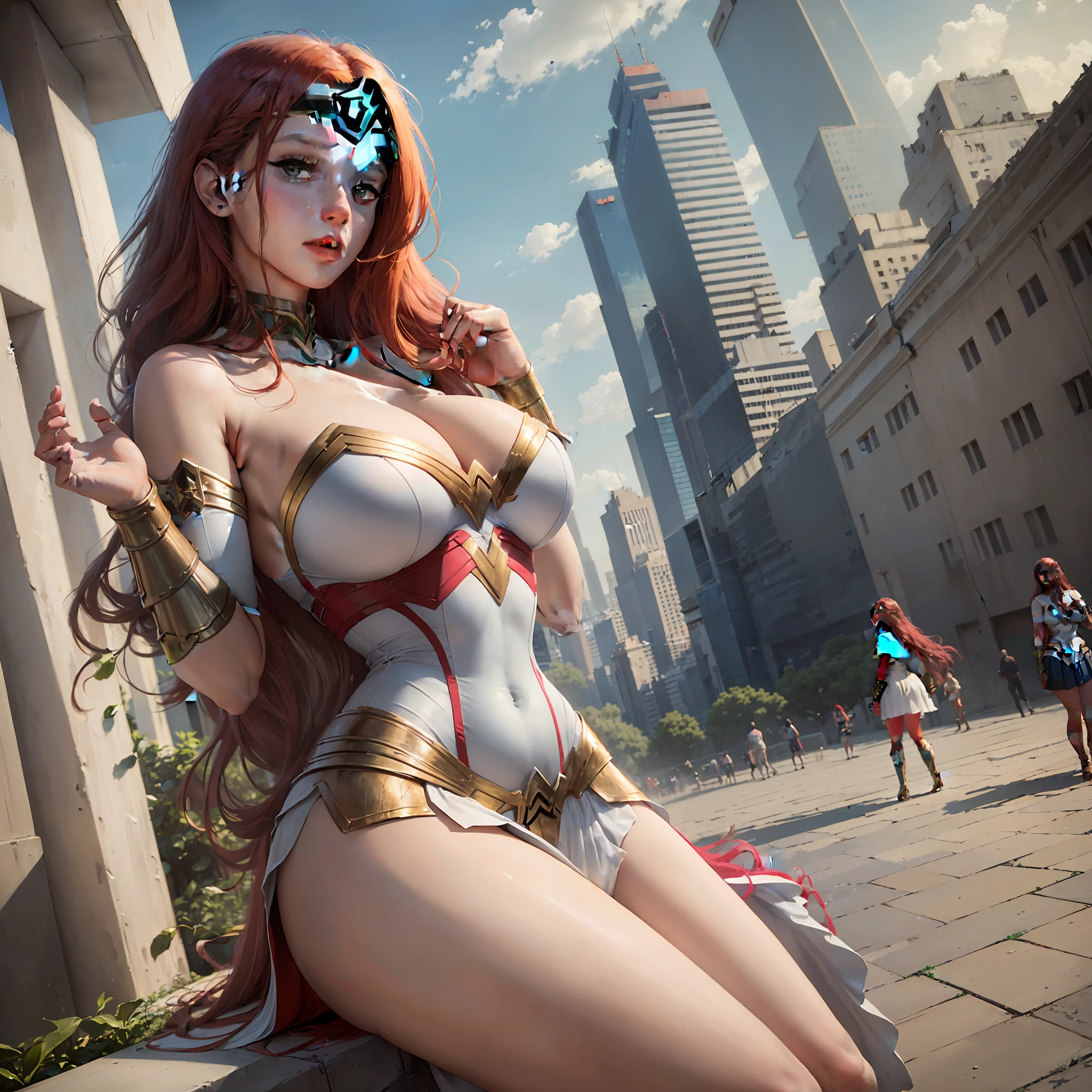 ((best quality, masterpiece, absurd,8k))), 1 girl ,solo, 19 years old,huge breasts,long red hair,young brazilian woman, white skin, green eyes, expressive eyes,huge breasts,,wearing short dress cosplay wonder woman suite,terrace of a building, day, beautiful young woman, sensual,