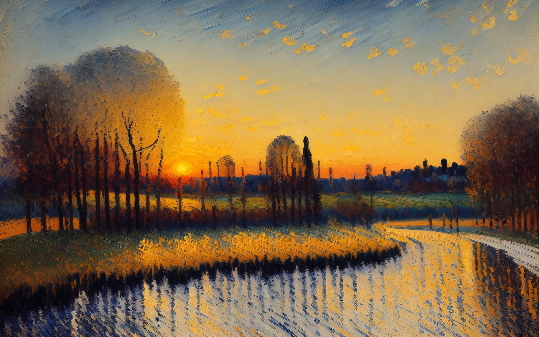 painting of a dramatic landscape, art by Pissarro, (large brush strokes:1.6), acrylic, inspired by the painting 'Sunset 1872' by Camille Pissarro, artstation hd, painting masterpiece, featured on unsplash, [monochromatic]