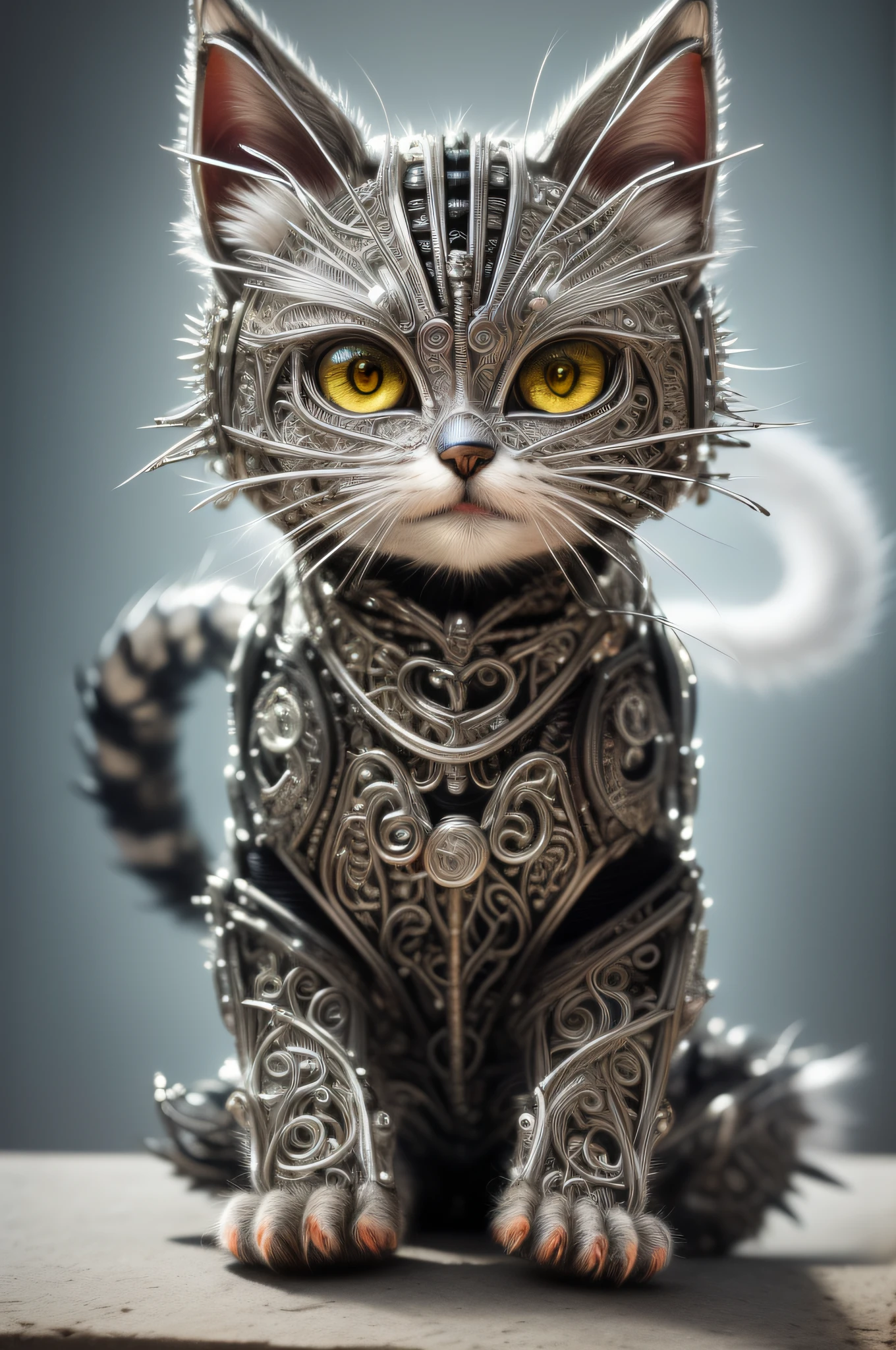 to8contrast style, a cute smoky kitten made out of metal, (cyborg:1.2), ([tail | detailed wire]:1.3), (intricate details), hdr, (intricate details, hyperdetailed:1.2), cinematic shot, vignette, centered, by Stray game, (the most beautiful portrait in the world:1.5)