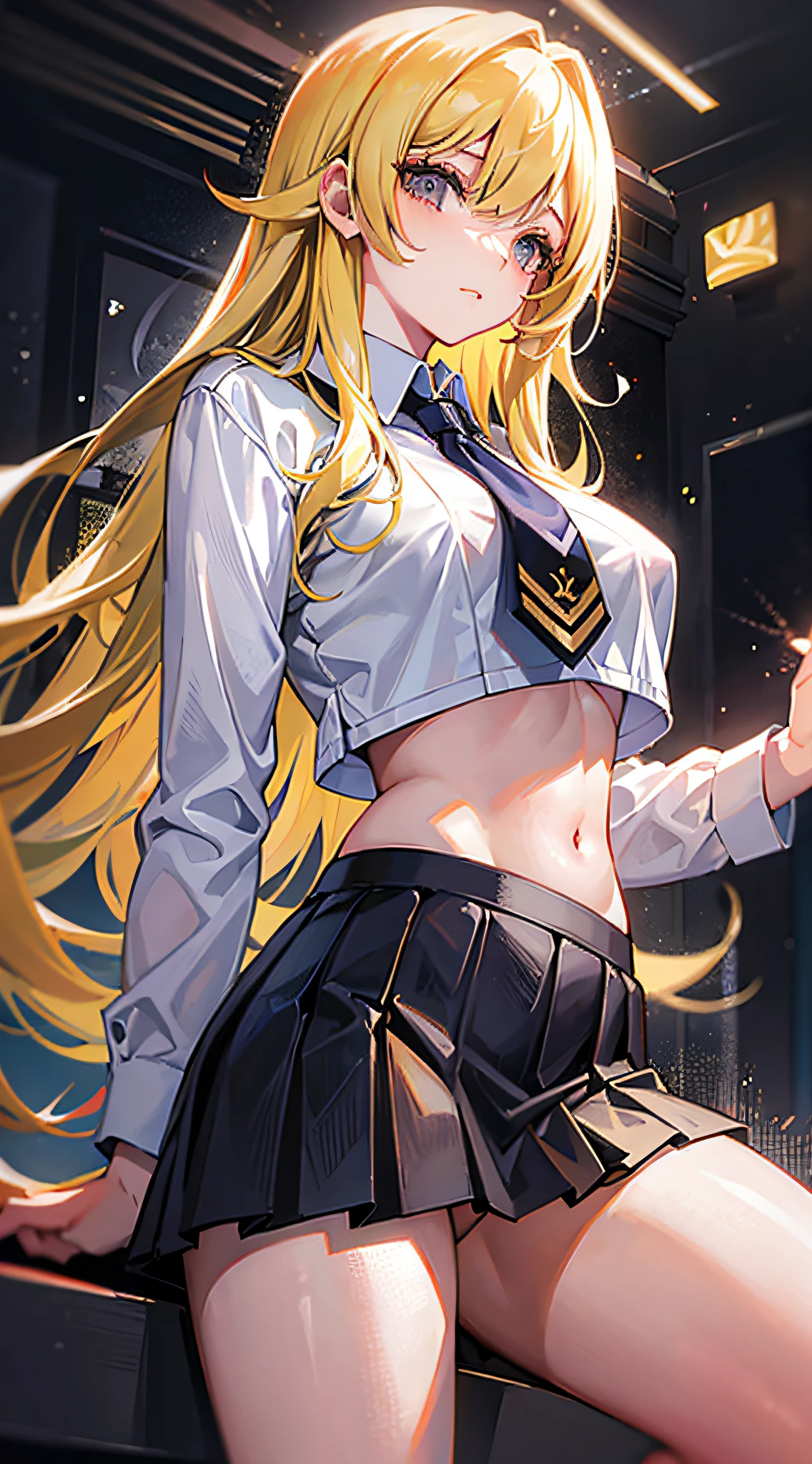 Masterpiece, blonde, long hair, nightclub, university of Thailand uniform, belly, black skirt, pleated skirt, collar, nsfw