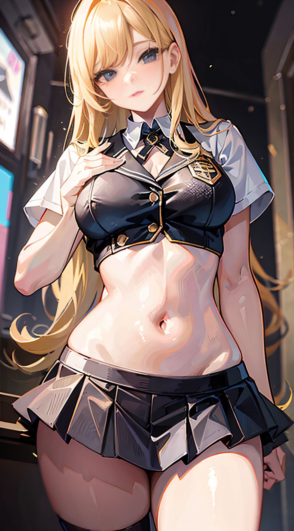 Masterpiece, blonde, long hair, nightclub, university of Thailand uniform, belly, black skirt, pleated skirt, collar, nsfw