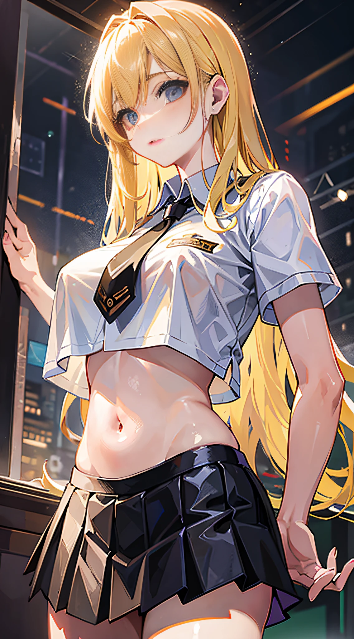 Masterpiece, blonde, long hair, nightclub, university of Thailand uniform, belly, black skirt, pleated skirt, collar, nsfw