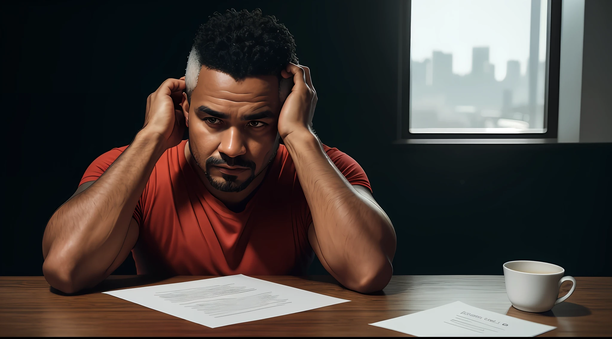 Brazilian man sitting with his hands on his head, in simple costumes, on an old table with papers on the table, ((thin, small)), photorealistic, photo, masterpiece, realistic, realism, photorealism, high contrast, photorealistic digital art trend in Artstation 8k HD high definition detailed realistic, detailed, skin texture, hyper detailed, realistic skin texture, armor, best quality, ultra high resolution,  (photorealistic: 1.4), high resolution, detailed, raw photo, sharp re, by lee jeffries Nikon D850 film stock photography 4 kodak camera portra 400 lens f1.6 rich colors hyper realistic texture dramatic lighting unrealengine trending on artstation cinestill 800,