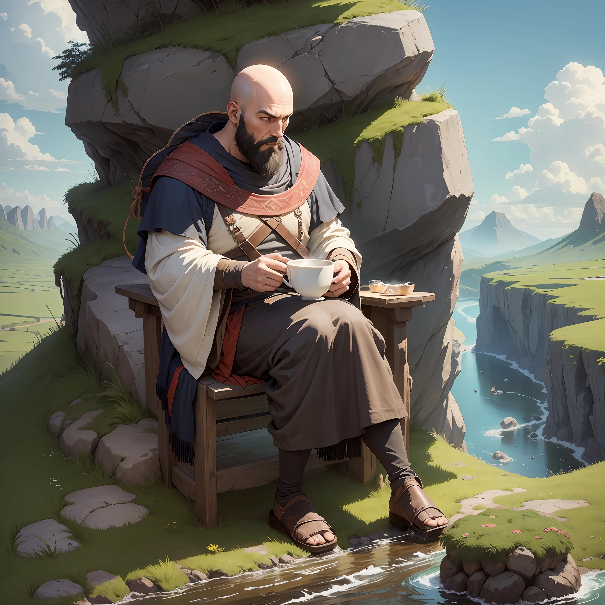 Create a character based on the Studio ghibli, 1.80m tall, athletic morphology, thin, 78kg, 30 years old, bald, no hair on his head, with long dark black beard, medieval clothing in a landscape with open field, with a river passing at the end of the image, happy, sitting having a hot drink, at dawn of the day --auto --s2