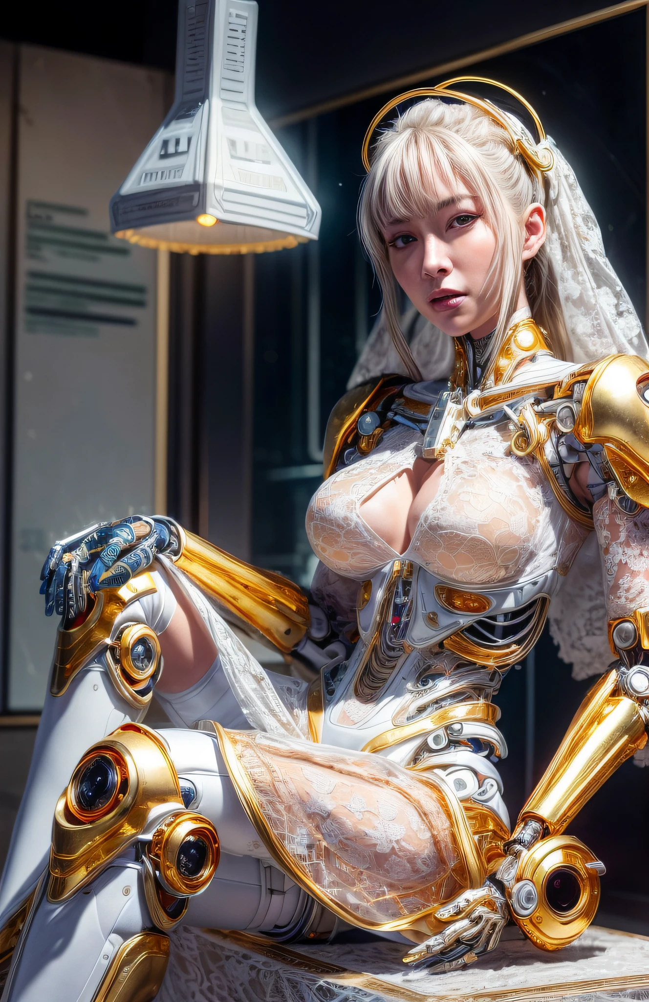 photorealistic, a woman in a white (lace, gold cyborg suit:1.55) (sitting on top of a table:1.4) (turned towards the viewer:1.2), (crossed legs:1.4), gold long hair, cyborg, robotic parts, beautiful detailed body and face, (looking left side:1.3), sakimichan hdri, amouranth, a beautiful detailed orixa, 2049, chiaki nanami, afro futuristic, made in maya, sam yang, 2070, cyborg, robotic parts, 150 mm, beautiful studio soft light, rim light, vibrant details, luxurious cyberpunk, lace, hyperrealistic, anatomical, facial muscles, cable electric wires, microchip, elegant, beautiful background, octane render, 8k, best quality, masterpiece, illustration, an extremely delicate and beautiful, extremely detailed ,CG ,unity ,wallpaper, (realistic, photo-realistic:1.37), Amazing, finely detail, masterpiece, best quality, official art, extremely detailed CG unity 8k wallpaper, absurdres, incredibly absurdres, robot, silver halmet, full body, sitting, (sfw:1.2),