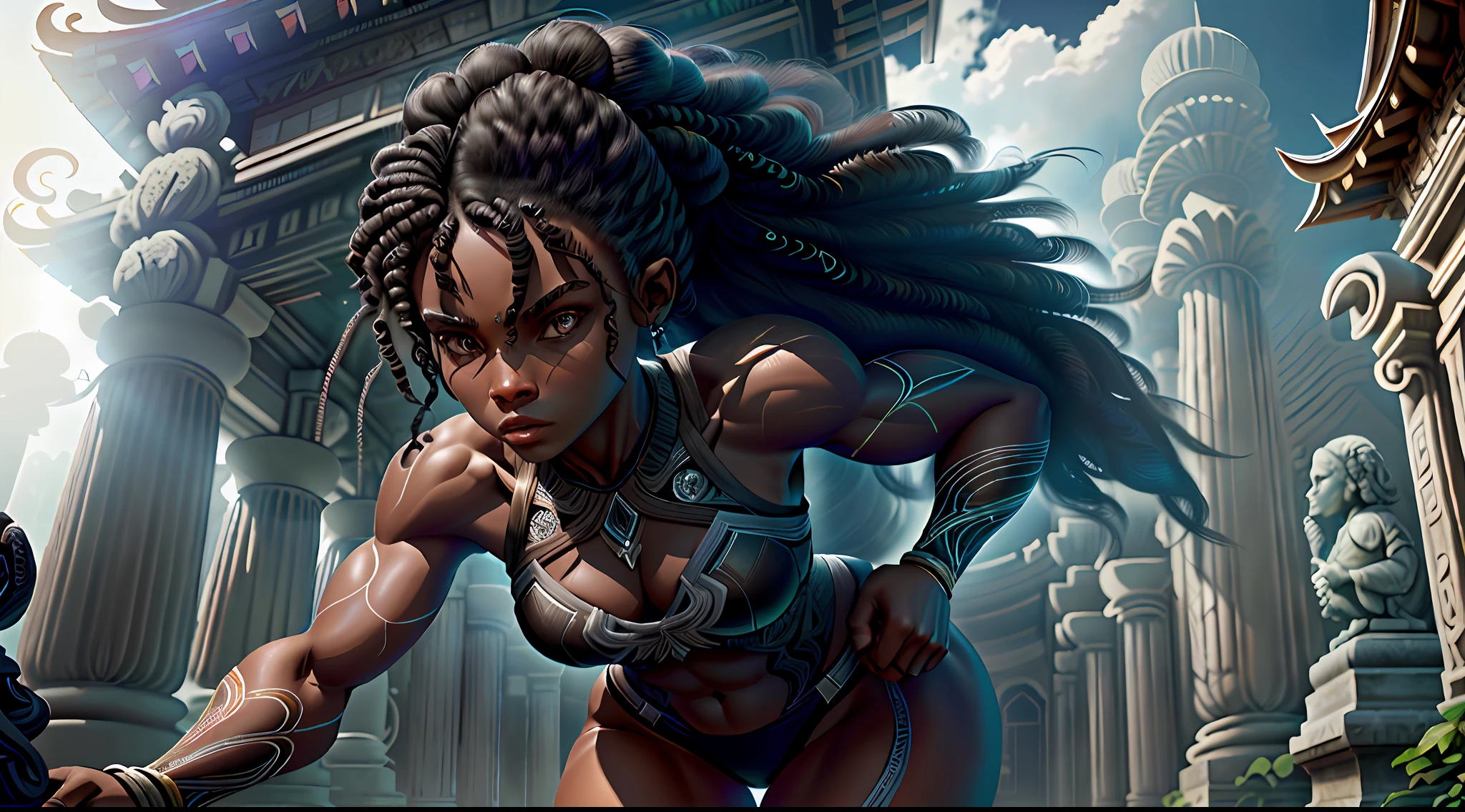 (8K, Best Quality: 1.2), (Masterpiece: 1.37), (Photo, Photorealistic: 1.37), (Super High Resolution), ((((ebony womans)))), full body, walking pose, shot from the front, slow motion, full body bioluminescent swimsuit model, (Light Swimsuit: 1.2), (Decorated Minimalist Transparent), (Very Detailed, Bloom: 1.5), (Highest Quality, Alessandro Casagrande, Greg Rutkowski, Sally Mann, Concept Art, 4k), (Simulation: 1.2), (High Sharpness), (Detailed Pupil:1.1), Detailed Face and Eyes, Masterpiece, best quality, (Highly Detailed Photo:1.1), (Long Curly Hair, Ponytail, Ecstatic:1.1), (Young Ebony Women: 1.1), sharp, (perfect body:1.1), realistic, real shadow, 3d, (temple background:1.2), (by Michelangelo), photo by Canan EOS R6, 135mm, 1/1250s, f/2.8, ISO 400