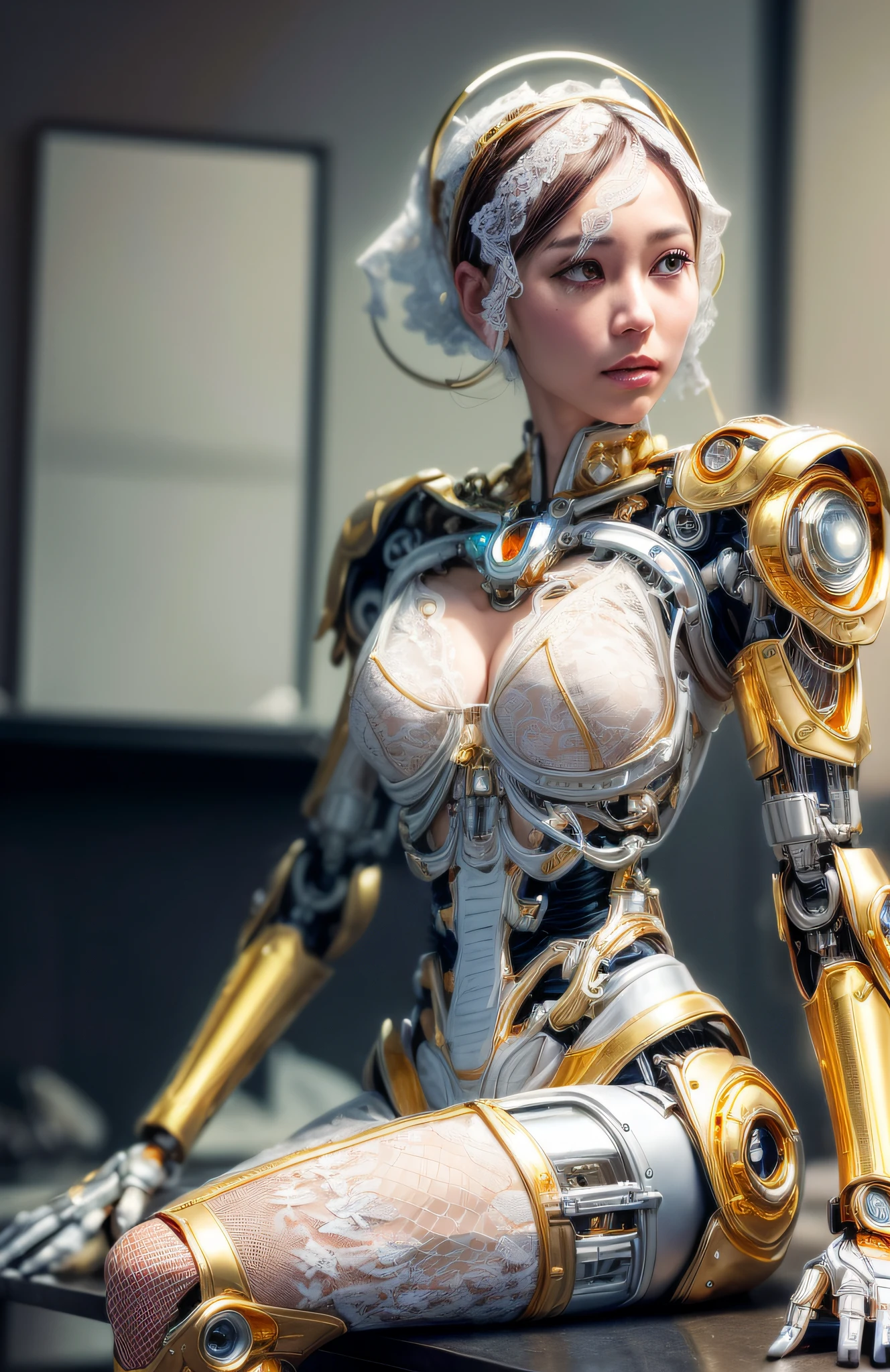 photorealistic, a woman in a white (lace, gold cyborg suit:1.55) (sitting on top of a table:1.4) (turned towards the viewer:1.2), (crossed legs:1.4), gold long hair, cyborg, robotic parts, beautiful detailed body and face, (looking left side:1.3), sakimichan hdri, amouranth, a beautiful detailed orixa, 2049, chiaki nanami, afro futuristic, made in maya, sam yang, 2070, cyborg, robotic parts, 150 mm, beautiful studio soft light, rim light, vibrant details, luxurious cyberpunk, lace, hyperrealistic, anatomical, facial muscles, cable electric wires, microchip, elegant, beautiful background, octane render, 8k, best quality, masterpiece, illustration, an extremely delicate and beautiful, extremely detailed ,CG ,unity ,wallpaper, (realistic, photo-realistic:1.37), Amazing, finely detail, masterpiece, best quality, official art, extremely detailed CG unity 8k wallpaper, absurdres, incredibly absurdres, robot, silver halmet, full body, sitting, (sfw:1.2),