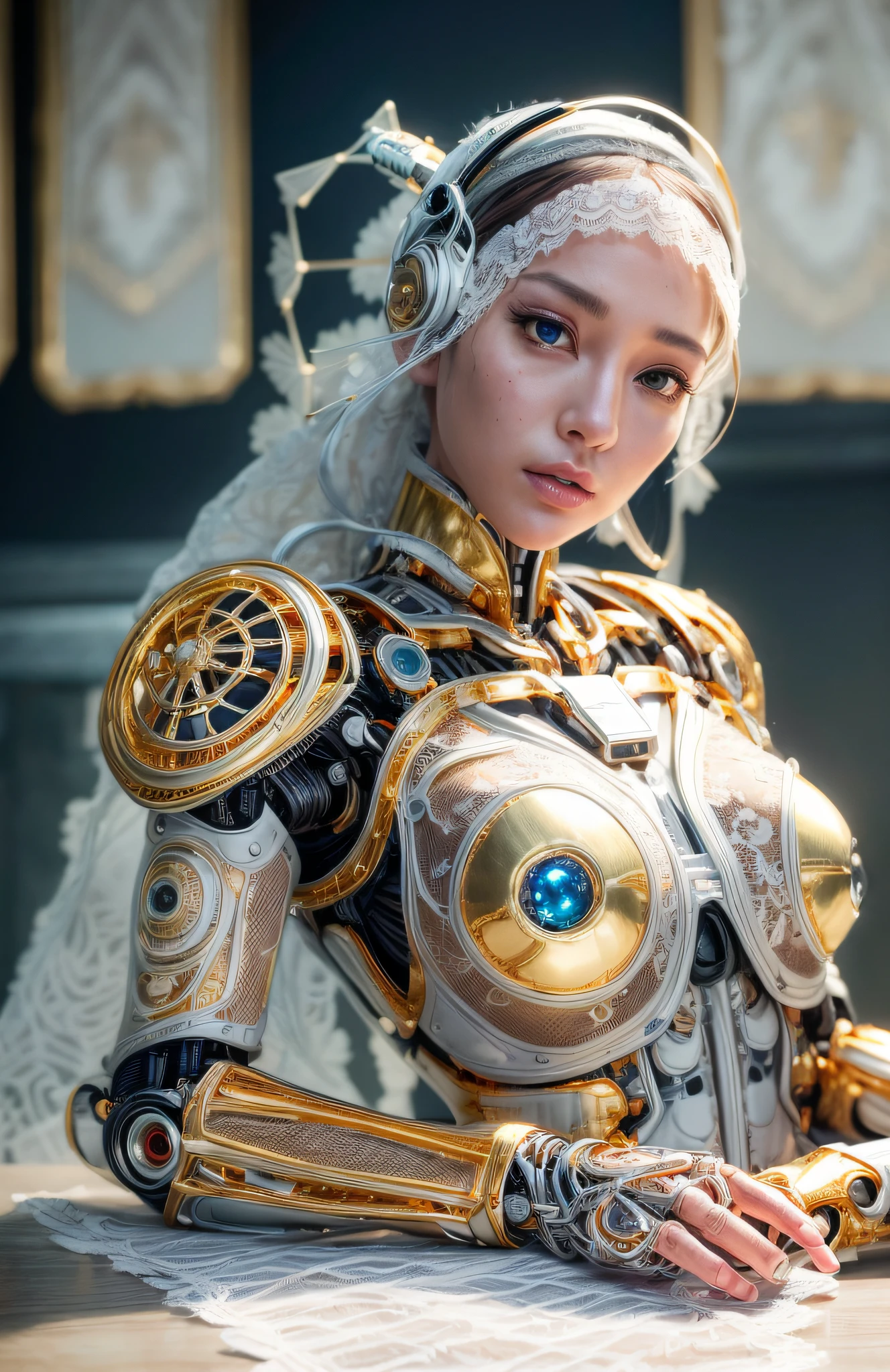 photorealistic, a woman in a white (lace, gold cyborg suit:1.55) (sitting on top of a table:1.4) (turned towards the viewer:1.2), (crossed legs:1.4), gold long hair, cyborg, robotic parts, beautiful detailed body and face, (looking left side:1.3), sakimichan hdri, amouranth, a beautiful detailed orixa, 2049, chiaki nanami, afro futuristic, made in maya, sam yang, 2070, cyborg, robotic parts, 150 mm, beautiful studio soft light, rim light, vibrant details, luxurious cyberpunk, lace, hyperrealistic, anatomical, facial muscles, cable electric wires, microchip, elegant, beautiful background, octane render, 8k, best quality, masterpiece, illustration, an extremely delicate and beautiful, extremely detailed ,CG ,unity ,wallpaper, (realistic, photo-realistic:1.37), Amazing, finely detail, masterpiece, best quality, official art, extremely detailed CG unity 8k wallpaper, absurdres, incredibly absurdres, robot, silver halmet, full body, sitting, (sfw:1.2),