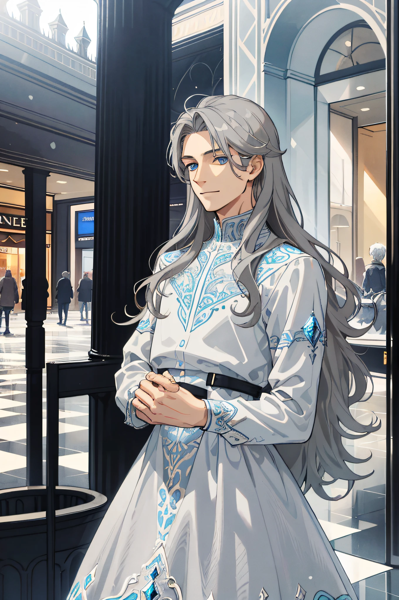 Masterpiece, best quality, 1 male, teenager, delicate eyes, intricate details, (gray hair, long hair, no bangs, delicate princess dress, fair skin), calm smile, blue eyes, black, modern, mall, city