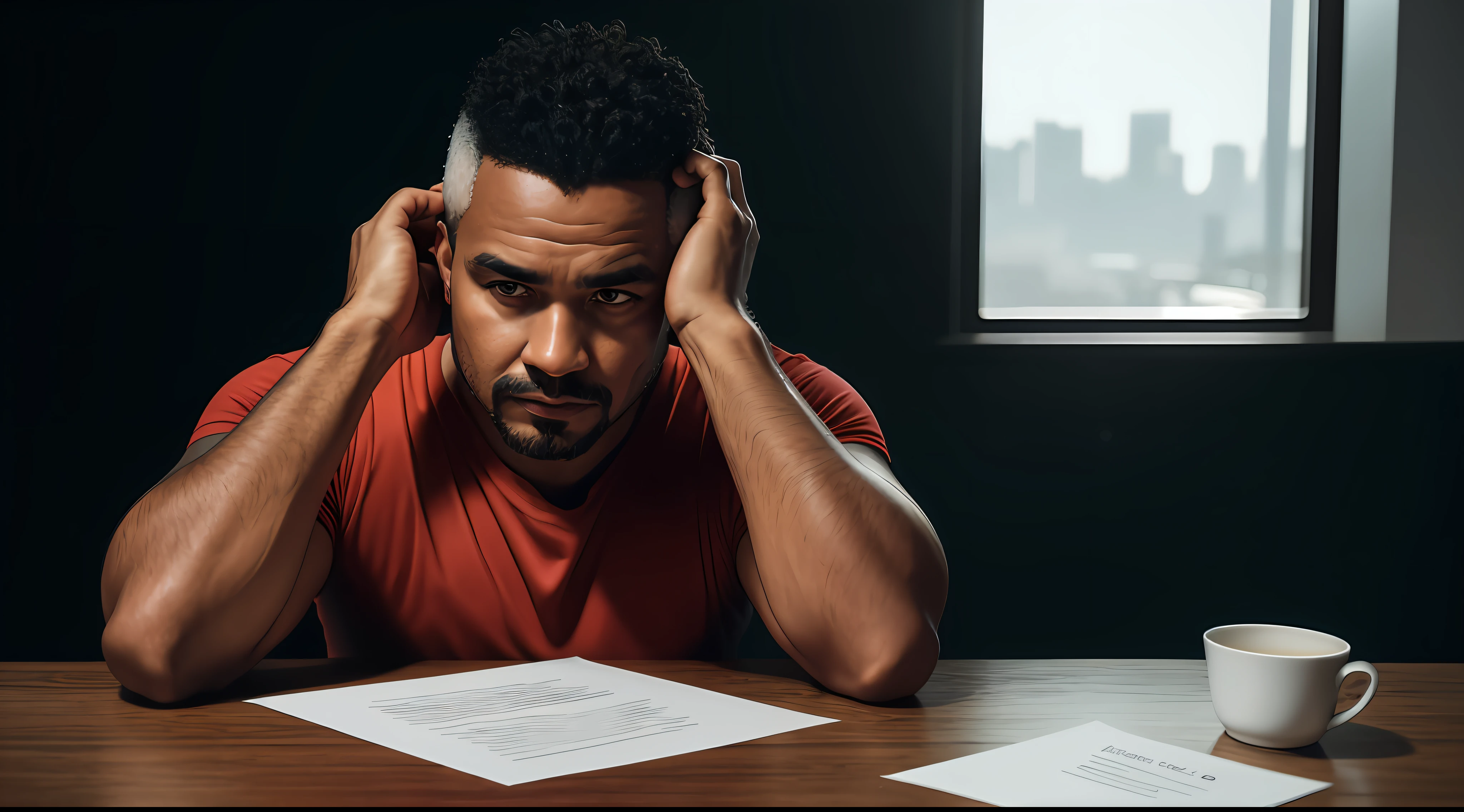 Brazilian man sitting with his hands on his head, in simple costumes, on an old table with papers on the table, ((thin, small)), photorealistic, photo, masterpiece, realistic, realism, photorealism, high contrast, photorealistic digital art trend in Artstation 8k HD high definition detailed realistic, detailed, skin texture, hyper detailed, realistic skin texture, armor, best quality, ultra high resolution, (photorealistic: 1.4), high resolution, detailed, raw photo, sharp re, by lee jeffries Nikon D850 film stock photography 4 kodak camera portra 400 lens f1.6 rich colors hyper realistic texture dramatic lighting unrealengine trending on artstation cinestill 800,