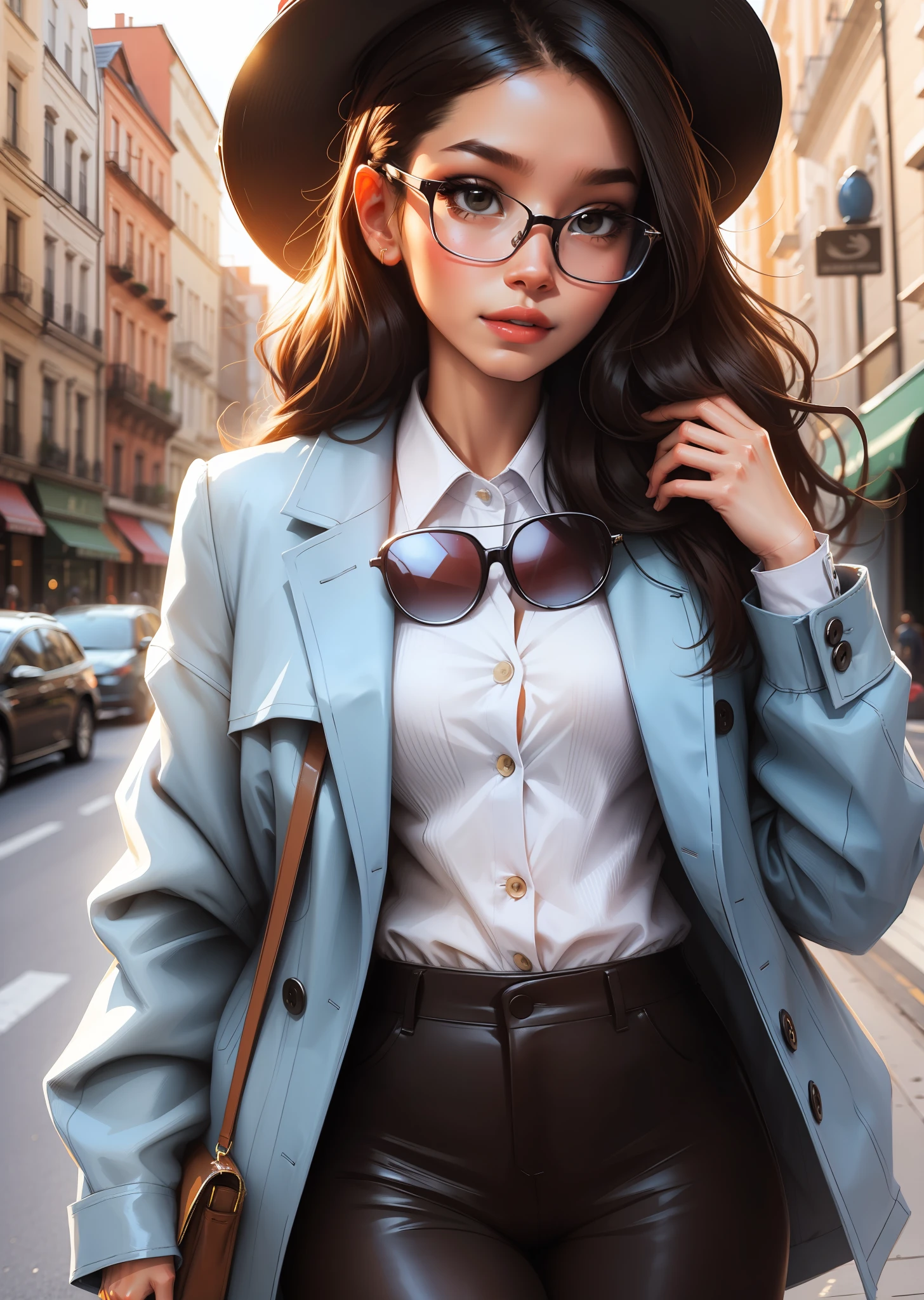 A girl with glasses and fashionable clothes