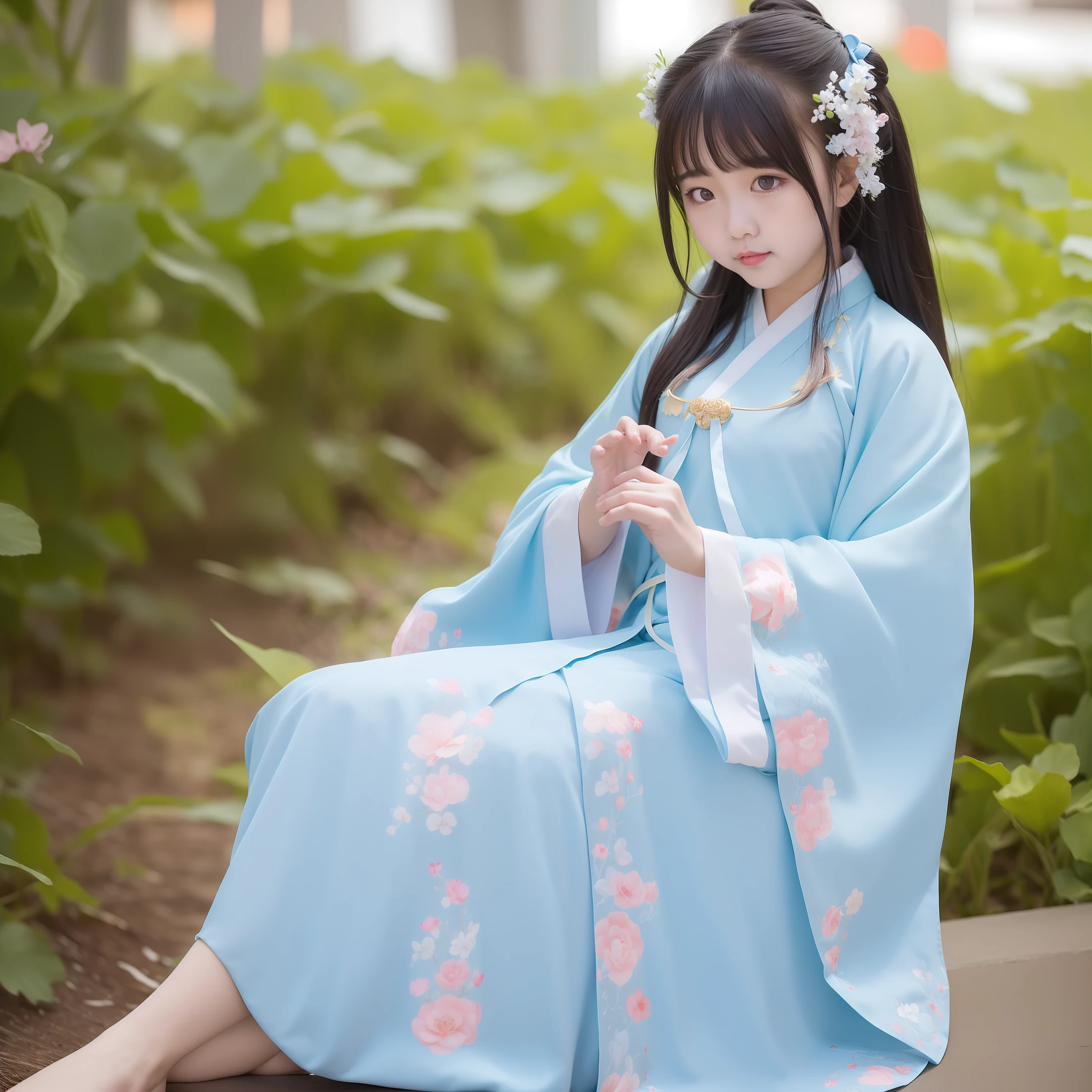 there is a young girl sitting on the floor wearing a blue dress, palace , a girl in hanfu, cute kawaii girl, chinese costume, anime girl cosplay, young and cute girl, cute young girl, chinese girl, hanfu, japanese clothes, lovely and cute, traditional chinese clothing, blue tunic and robes, light blue robes, white hanfu, cute beautiful