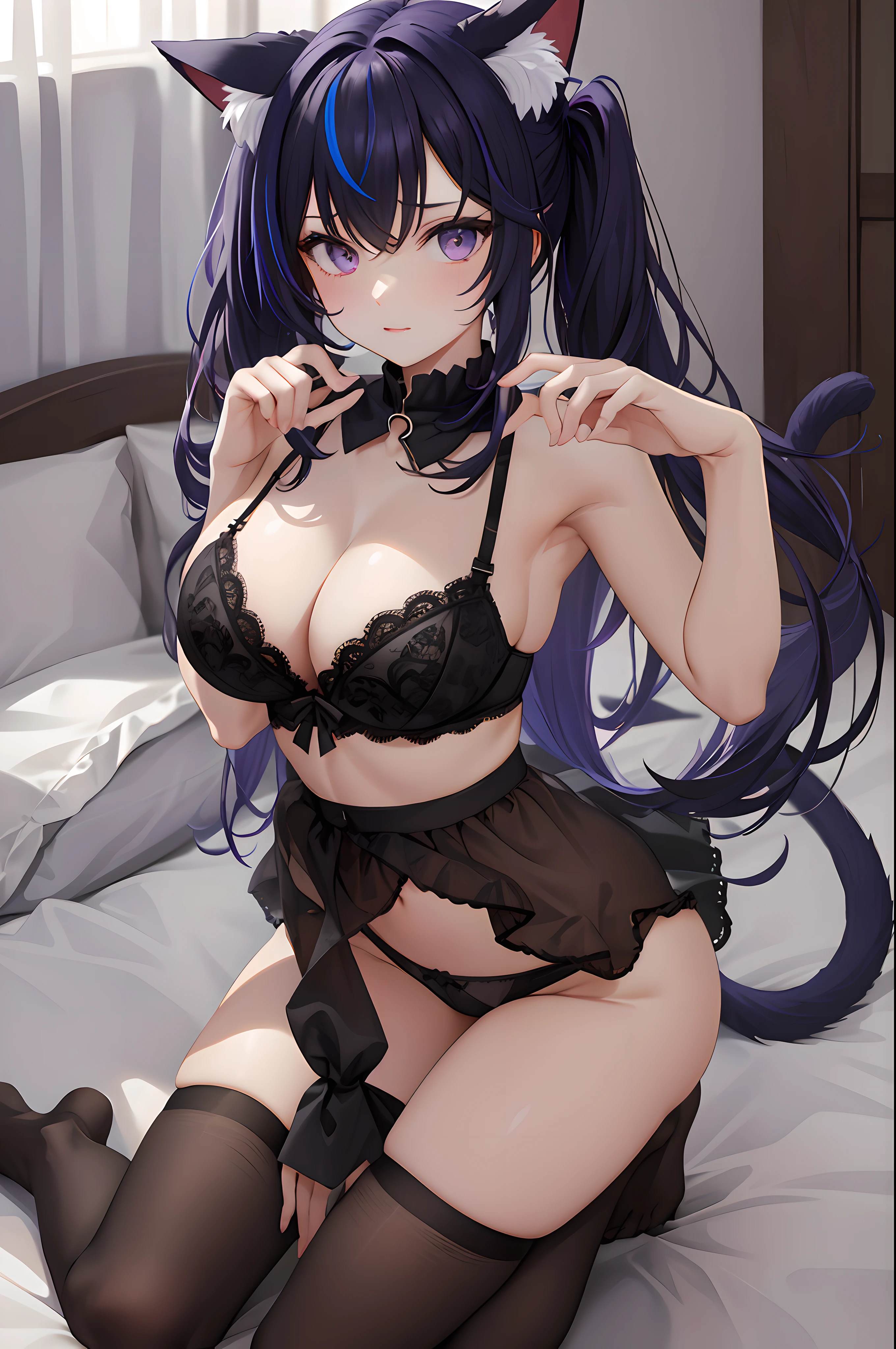 masterpiece, best quality, absurdres, perfect anatomy, standing, 1girl, solo, cat girl, cat ears, animal ear fluff, cat tail, claw pose, kneeling, twintails, streaked hair, purple eyes, underwear only, bra, panties, on bed, bare arms, toned, navel, large breasts