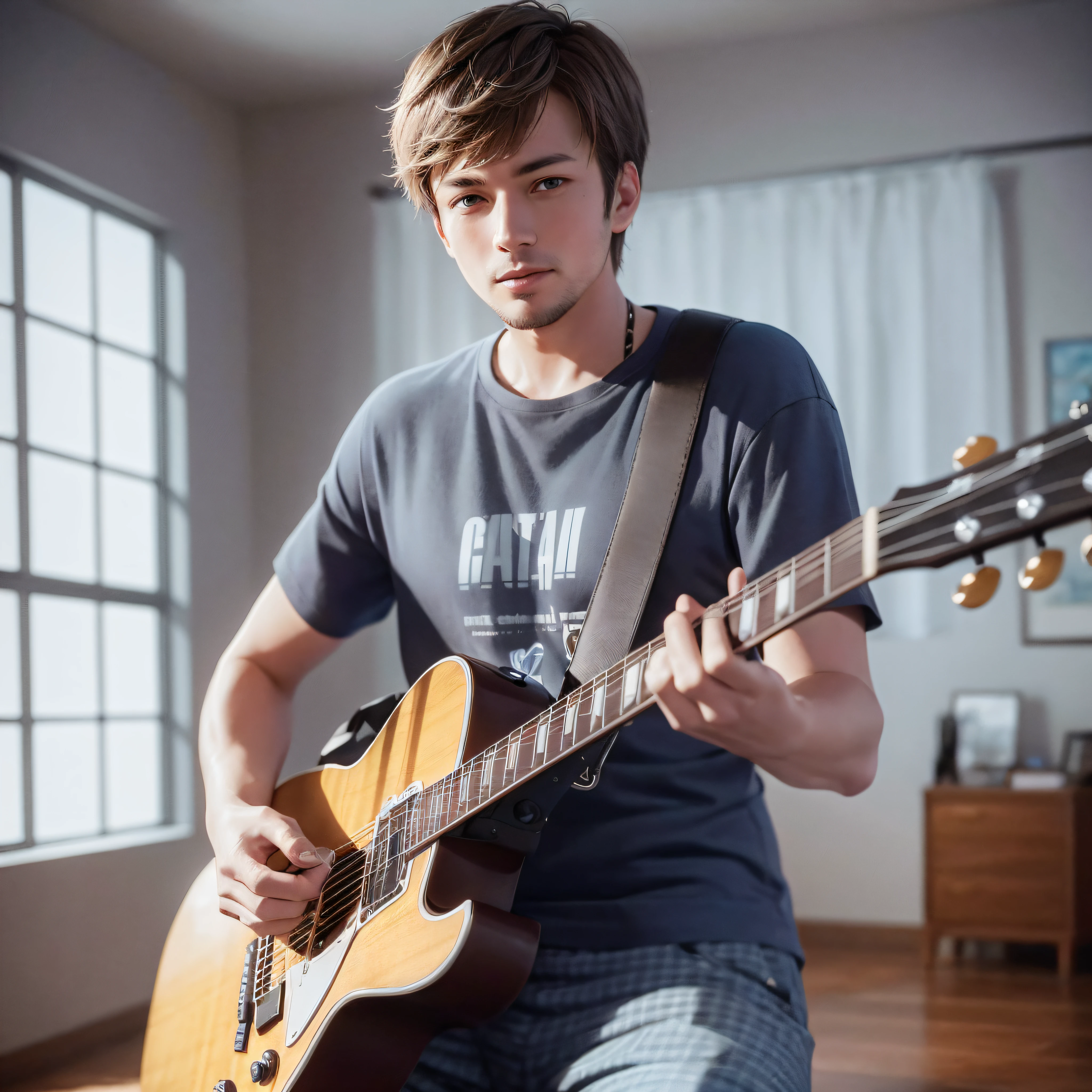 ((masterpiece, best quality)) 1 man, solo, plaid pants, gray t-shirt, blue eyes, electric guitar 18 years old, guitar, holds, holds a plectrum, instrument, elongated male haircut, music, one side up, playing guitar, indoors, CG Render, 8K UHD, Hyper detailed, millimetrically detailed, finely detailed, 3D Render, ultra realistic, realistic, totally realistic, clean face, without a beard,