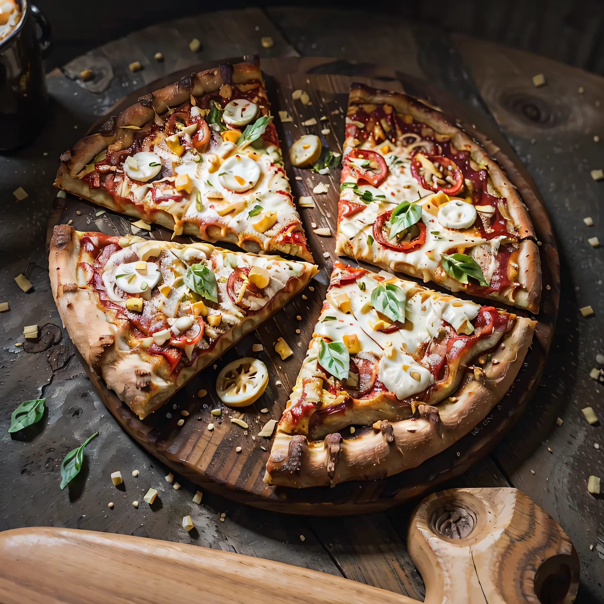 RAW photo, cheese (pizza), foodphoto, dslr, soft lighting, high quality, film grain, Fujifilm XT