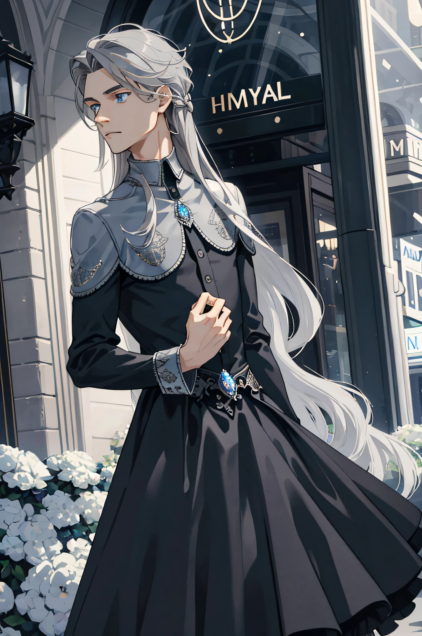 Masterpiece, best quality, 1 male, teenager, delicate eyes, intricate details, (gray hair, long hair, no bangs, delicate princess dress, fair skin), blue eyes, black, modern, mall, city