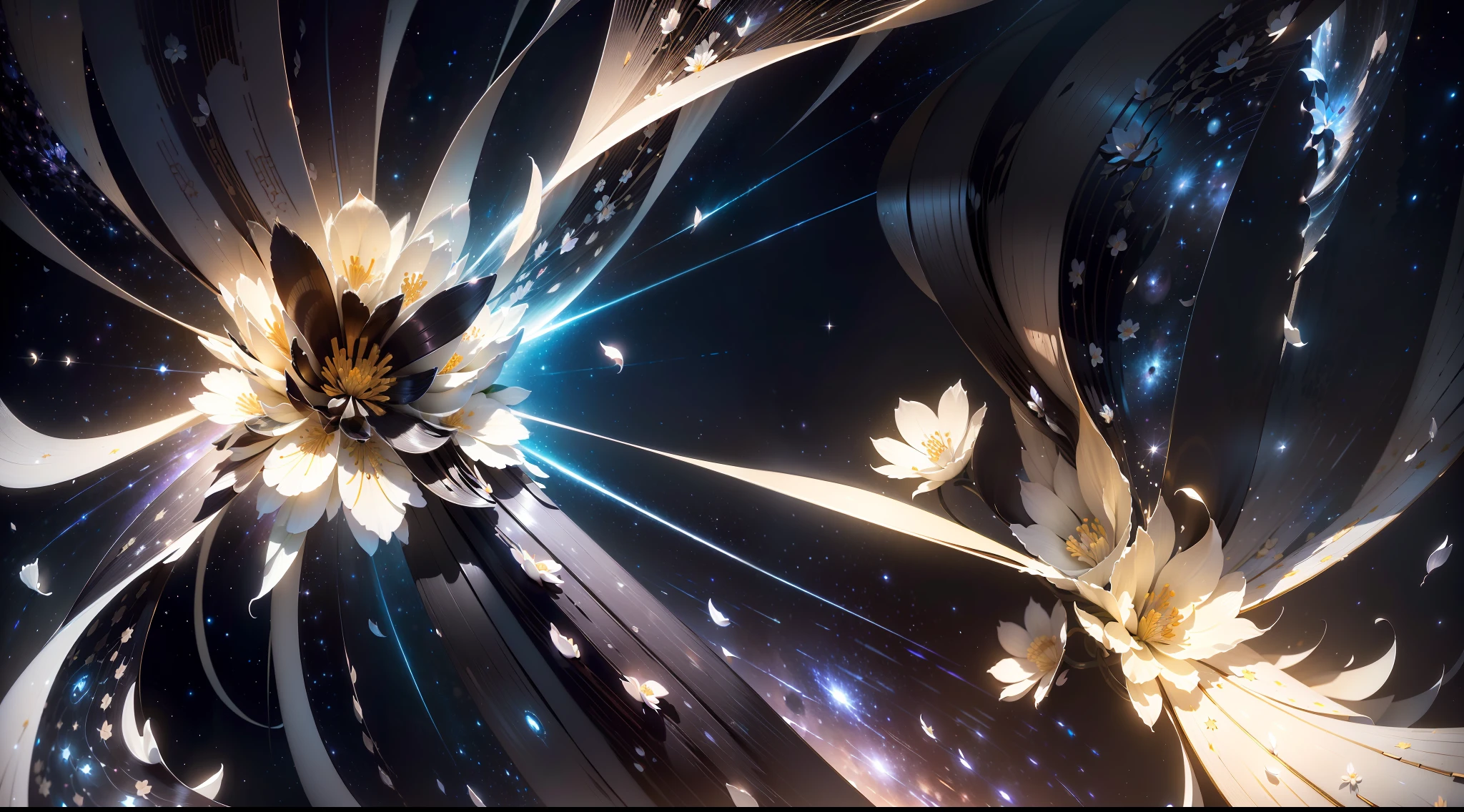 ((REAL)))), ((MASTER))), ((BEST QUALITY)), ULTRA-DETAILED CG Unity 8k wallpaper, incredibly detailed and beautiful illustrations, floating, high resolution, dynamic, dark black background, stellar space, big shining white stars, countless small petals, countless scattered petals, many petals, falling petals, no flower shape, only petals, petals studded in outer space