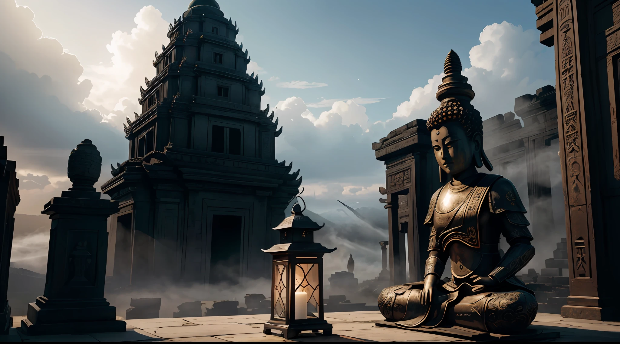 absurd, realistic lighting, (abyss) masterpiece, high quality, beautiful graphics, high detail, dressed woman, extremely refined and beautiful, amazing, fine detail, masterpiece, hyper-detail, high resolution, (best illustration), (best shadow), intricate, ancient landscape, thousand hands bodhisattva, temple, (mysterious black fog), journey to the west, ((corpse), ((ancient monster)), (ruins), (battlefield), (blood stain), glazed tiles, Buddha statue, lantern,