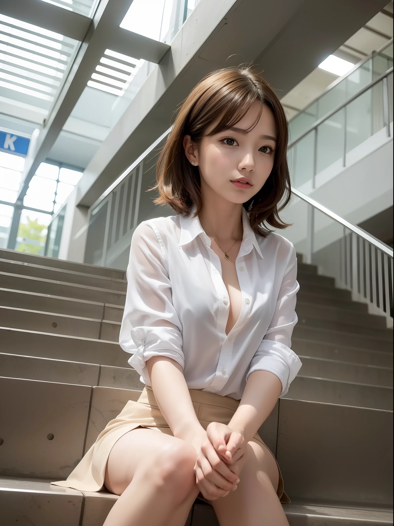 ((Best quality, 8k, Masterpiece: 1.3, raw photo)), Sharp focus: 1.2, (1 AESPA girl: 1.1), (realistic, photo-realistic:1.37), face focus, cute face, small breasts, flat chest, brunette short messy hair, sitting, white clothes, business skirt, train station, terminal, stairs, sunlight, cinematic lighting, from below