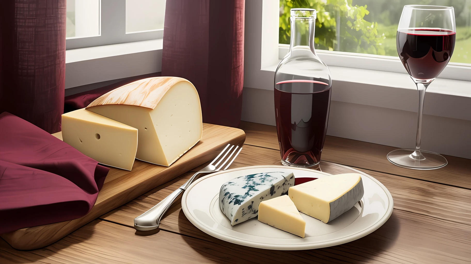 Bottle and glass of red wine on a wooden table, portion of cheese on a plate, open window, smvento in the curtain, shadows on the table, 8k, realistic, natural morning kuz --auto --s2