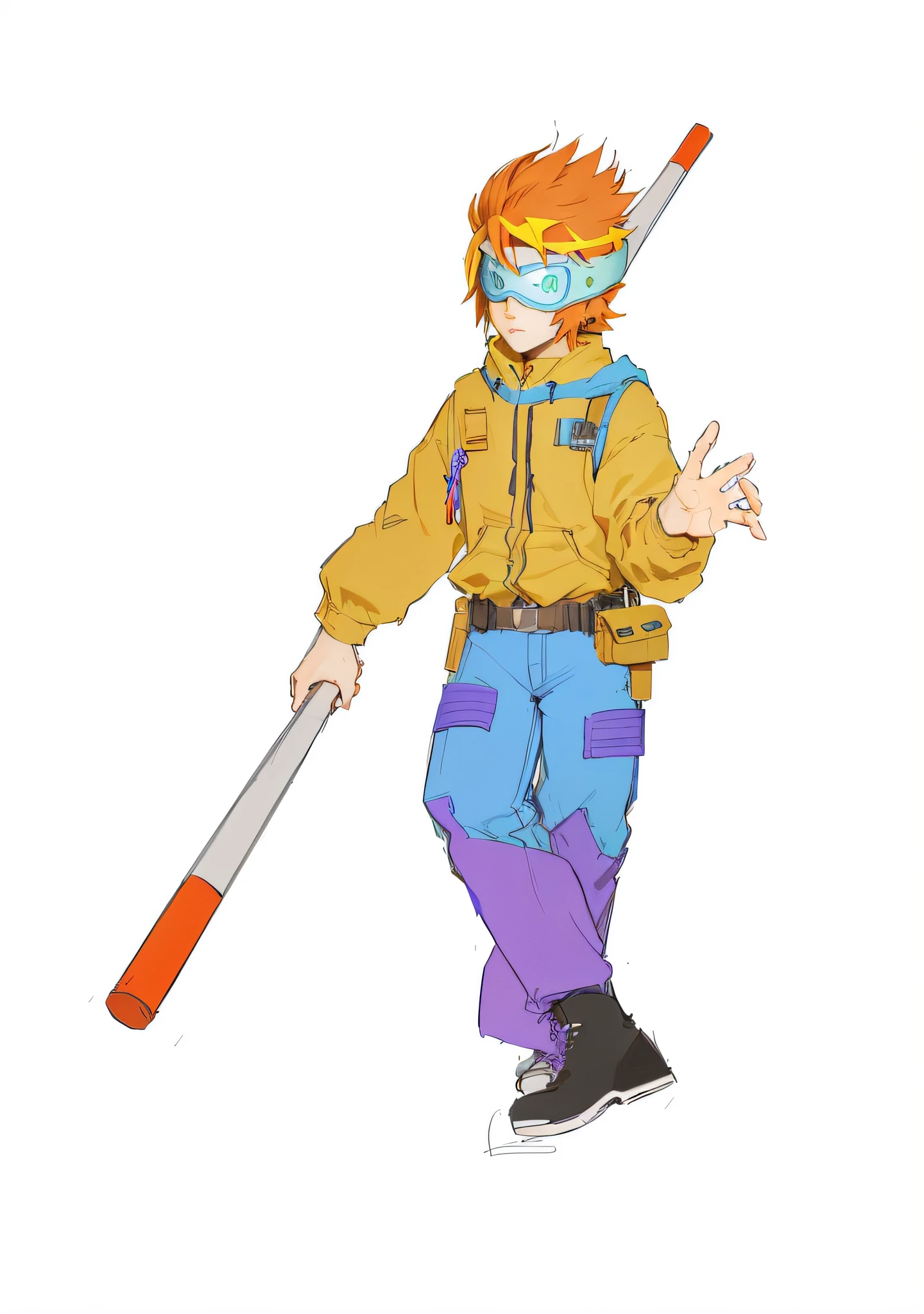 Cartoon of a man with a baseball bat and mask, RPG character, sunpunk human, star seeker character, JRPG character, :14 FLCL + Akira, young man with a cane, Gordon Freeman as a woman, Tekkon Kinkret, full body RPG portrait, merge character, full body character design, dress up as a scavenger, Son Goku --auto --s2