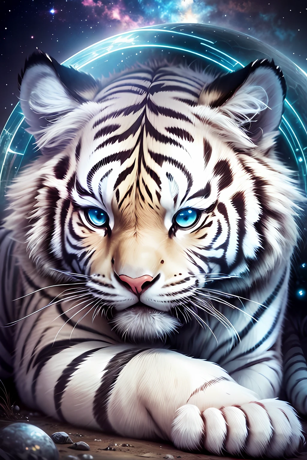 chibi, white tiger, fairy, kissing, mysterious, glowing, hugging, love, watching, embrace, best quality, good friend, celestial, universe, planet, gentle, powerful, halo, bright background --auto --s2