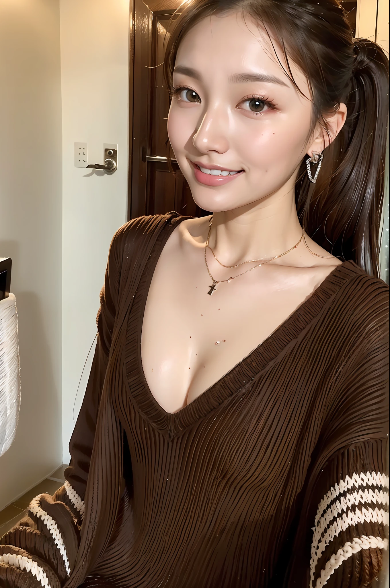 (multi-colored knits: 1.2), (innocent and classy girls: 1.2), (high ponytail hairstyle, dark brown hair), medium long hair, very detailed face and skin texture, detailed eyes, double eyelids, pale cheeks, wet eyes: 1.2, shiny small neckless and earrings, shiny lips: 1.4, fair skin: 1.2, beautiful abs, (full shot, full body), ( Selfie pose on Instagram: 1.2), (Big: 1.1), (embarrassed smile: 1.2), (look up at viewer)