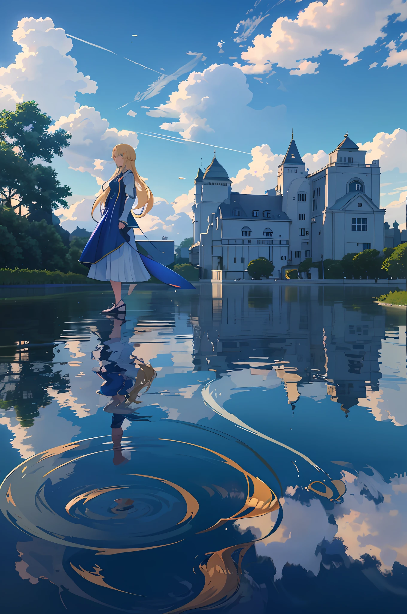 anime girl with long blonde hair and blue dress standing in front of a lake, realistic anime 3 d style, anime styled 3d, realistic anime artstyle, made with anime painter studio, smooth anime cg art, anime style. 8k, anime realism style, photorealistic anime girl render, anime style character, 3 d anime realistic, anime highly detailed --auto --s2